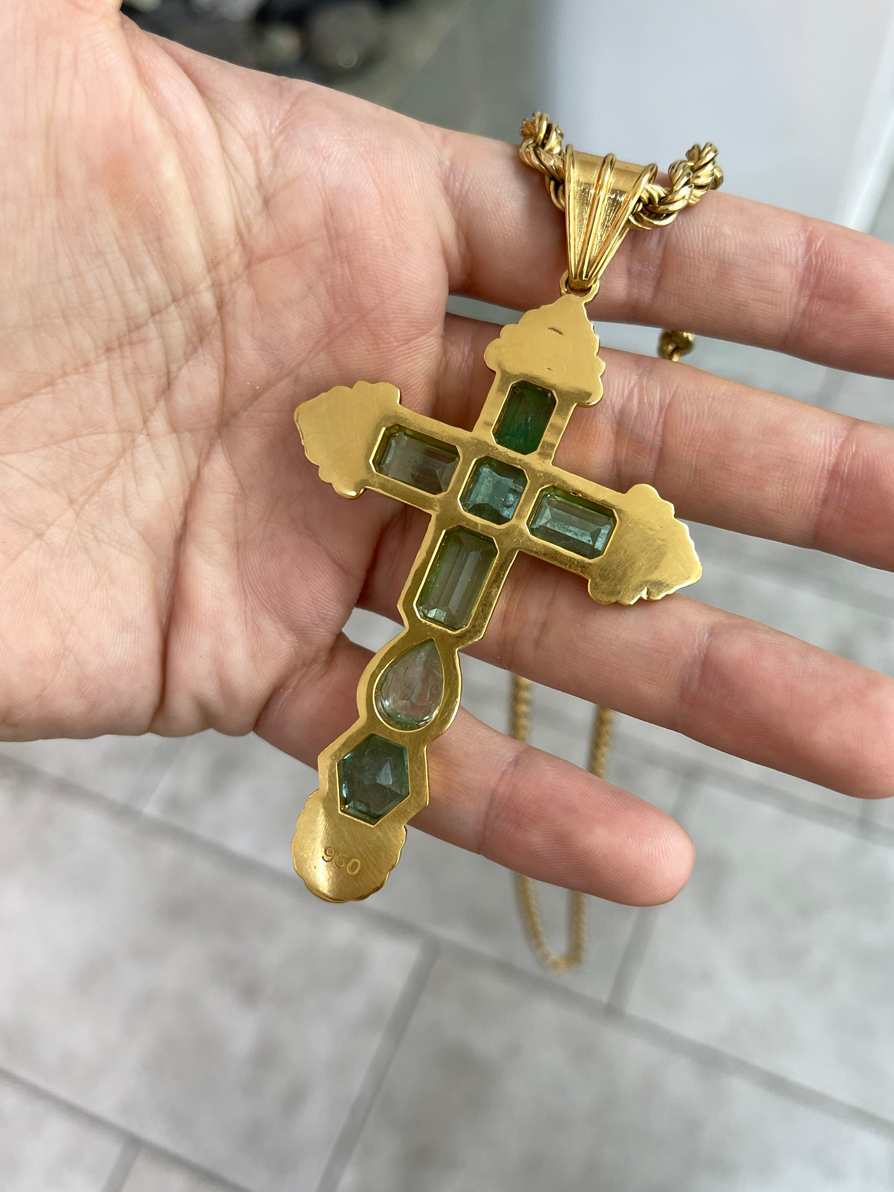 AS SEEN ON INSTAGRAM: 24.55TCW Massive Natural Colombian Emerald Pre Columbian Cross Sterling Silver with Gold Plate