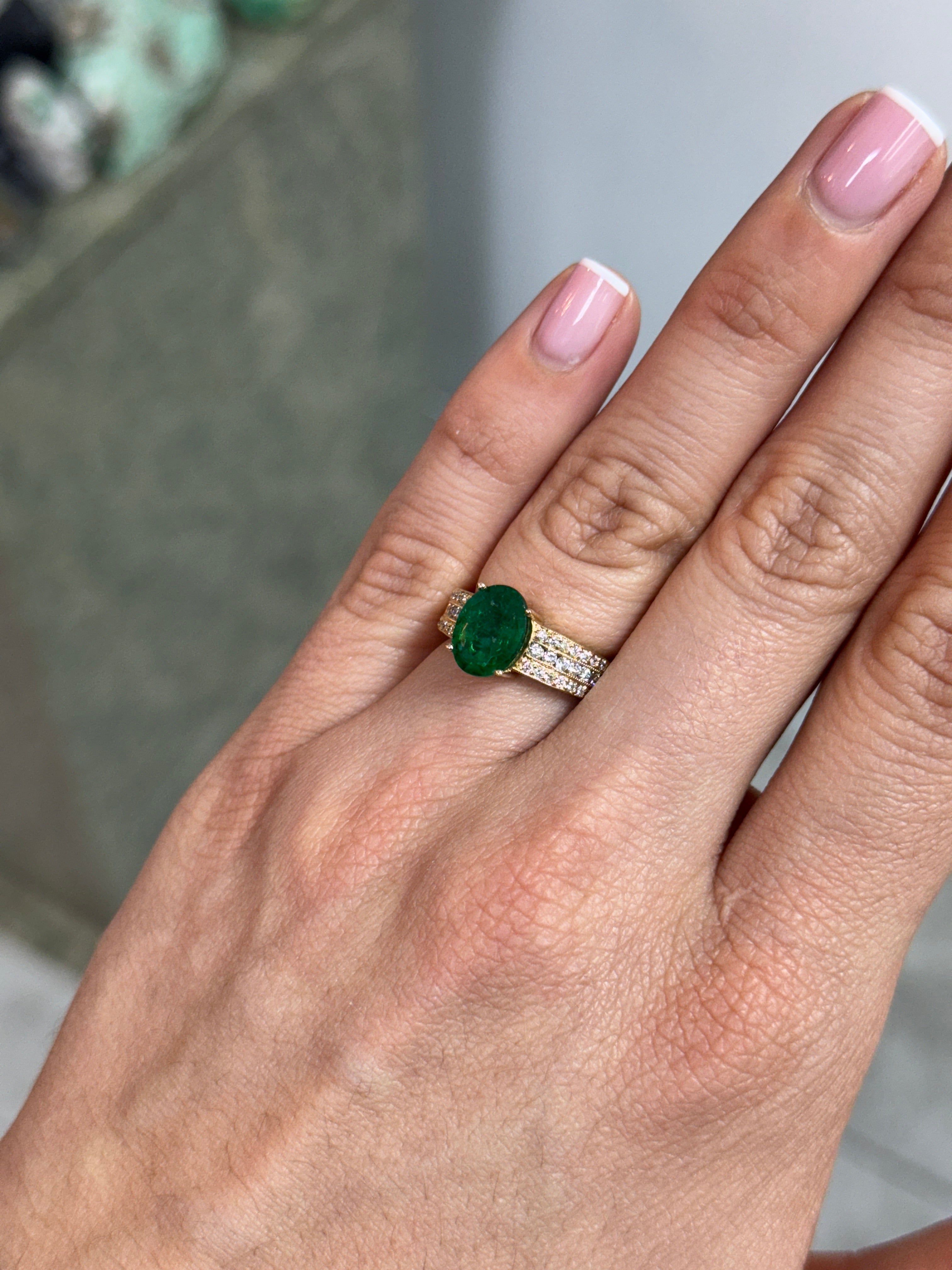 3.25tcw Natural Oval Emerald & Diamond Accented Hand Etched Engagement Ring 18K