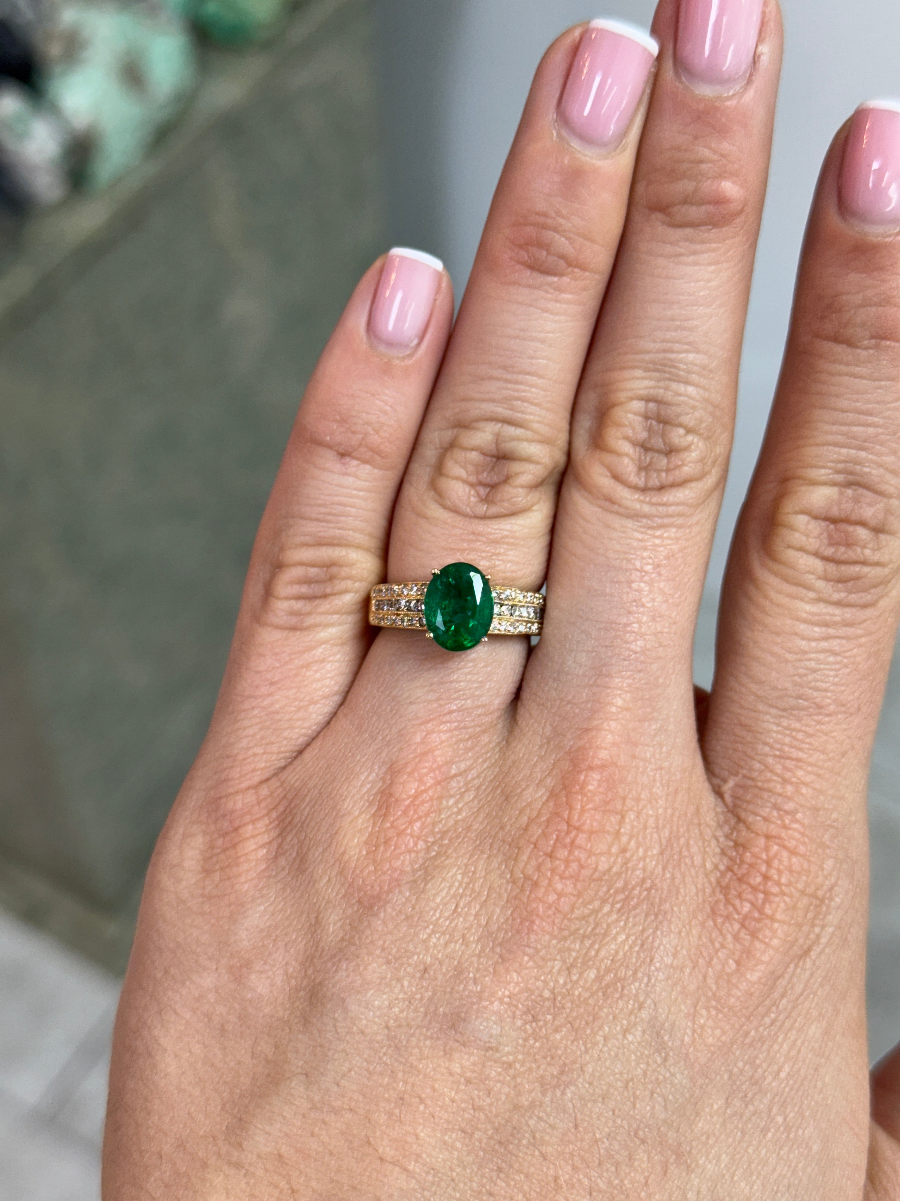 3.25tcw Natural Oval Emerald & Diamond Accented Hand Etched Engagement Ring 18K