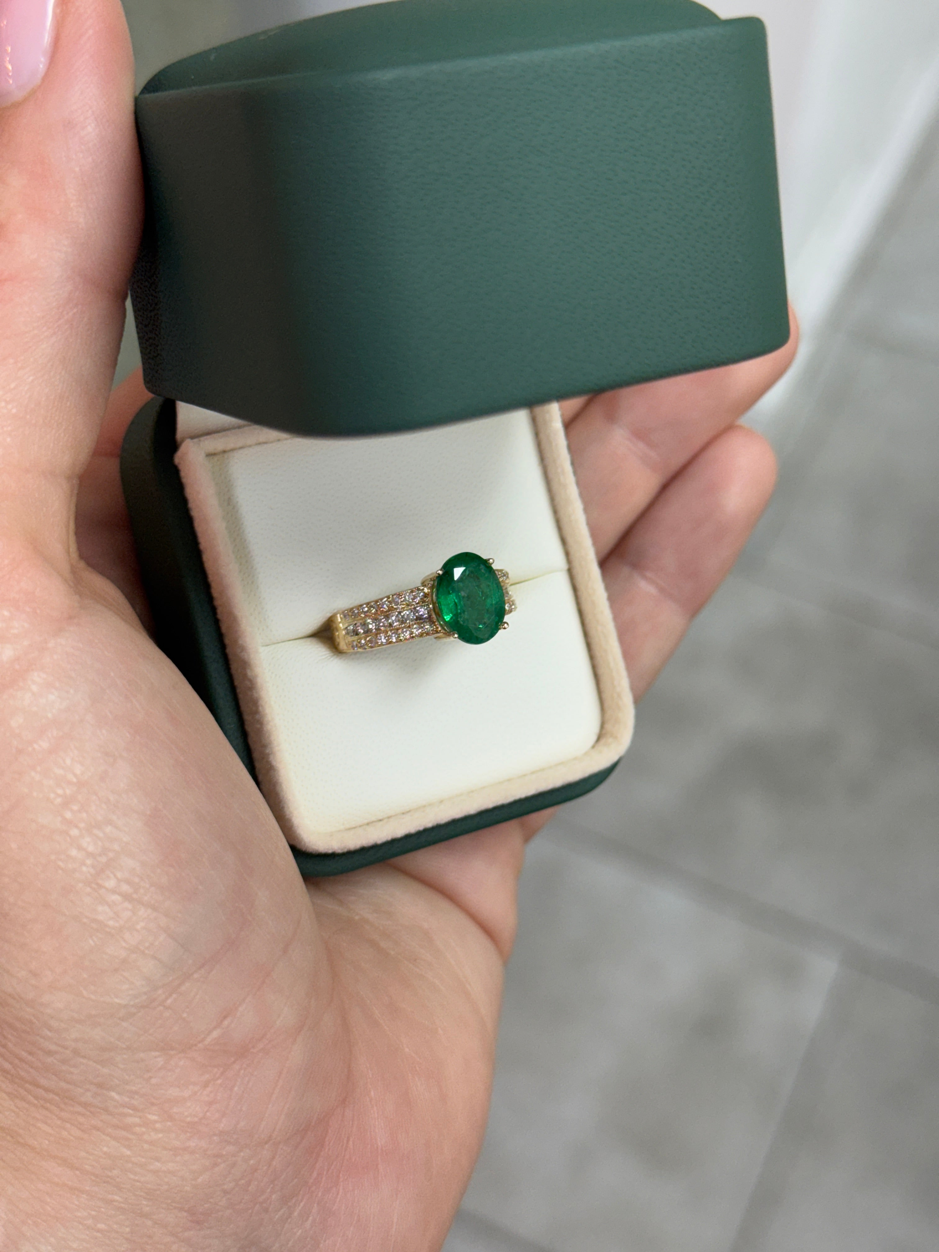 3.25tcw Natural Oval Emerald & Diamond Accented Hand Etched Engagement Ring 18K