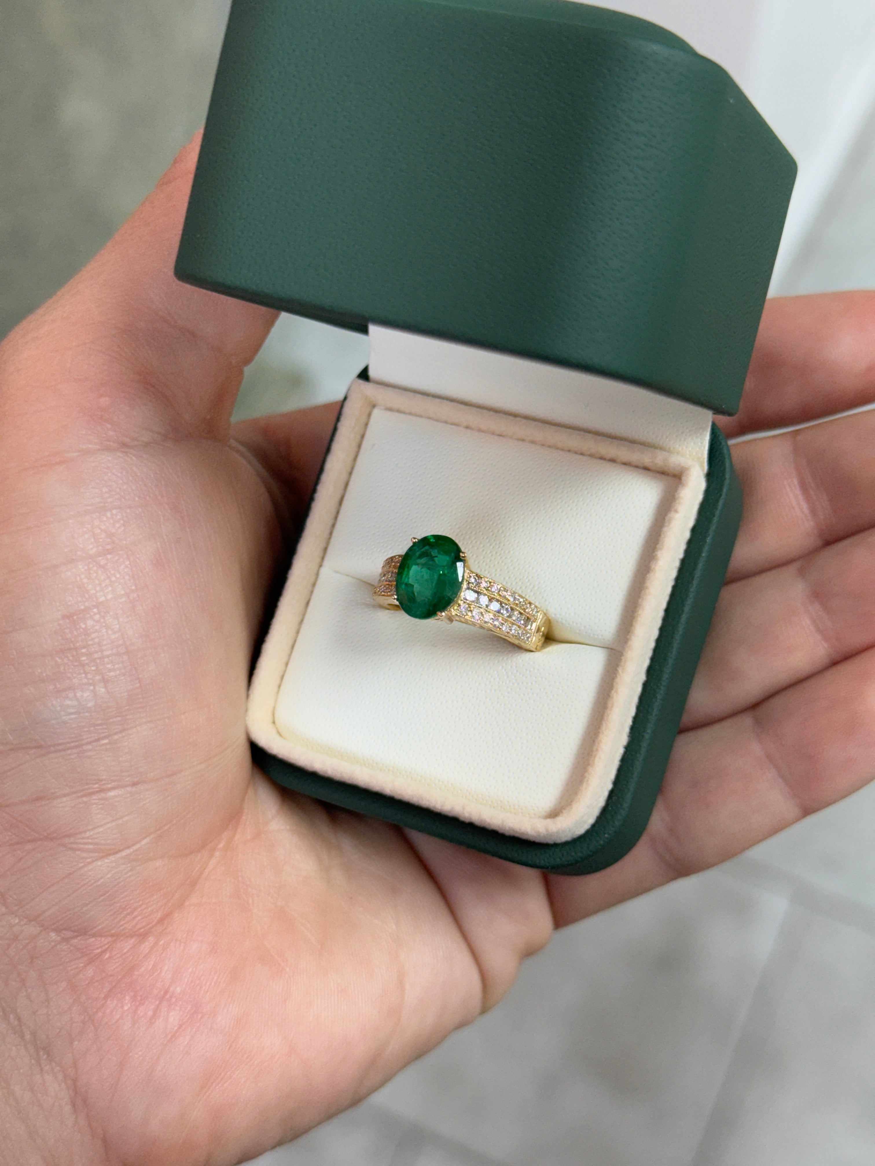 3.25tcw Natural Oval Emerald & Diamond Accented Hand Etched Engagement Ring 18K