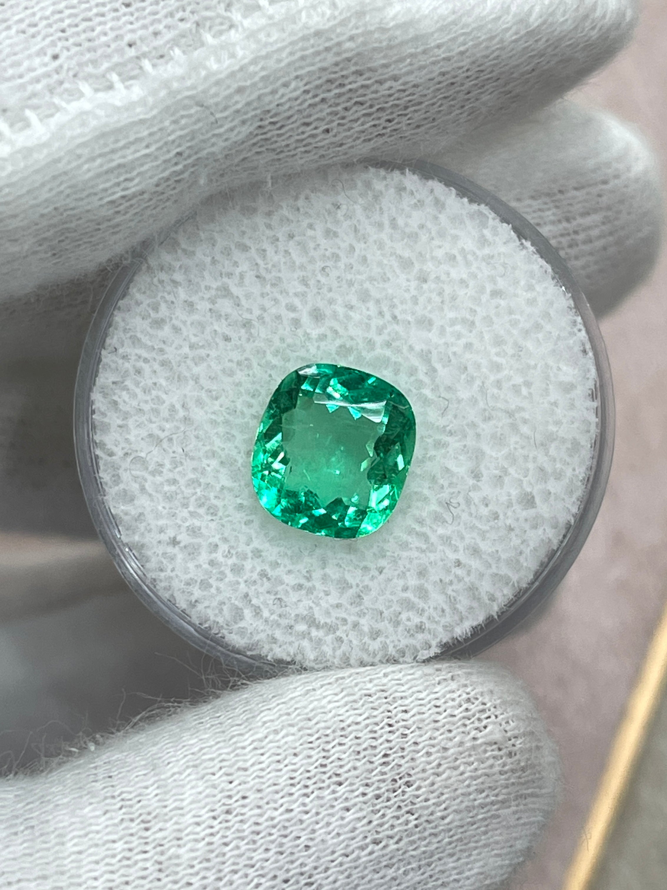 2.38 Carat 9x8 Lustrous Neon Yellowish Green Natural Loose Colombian Emerald-Cushion Cut