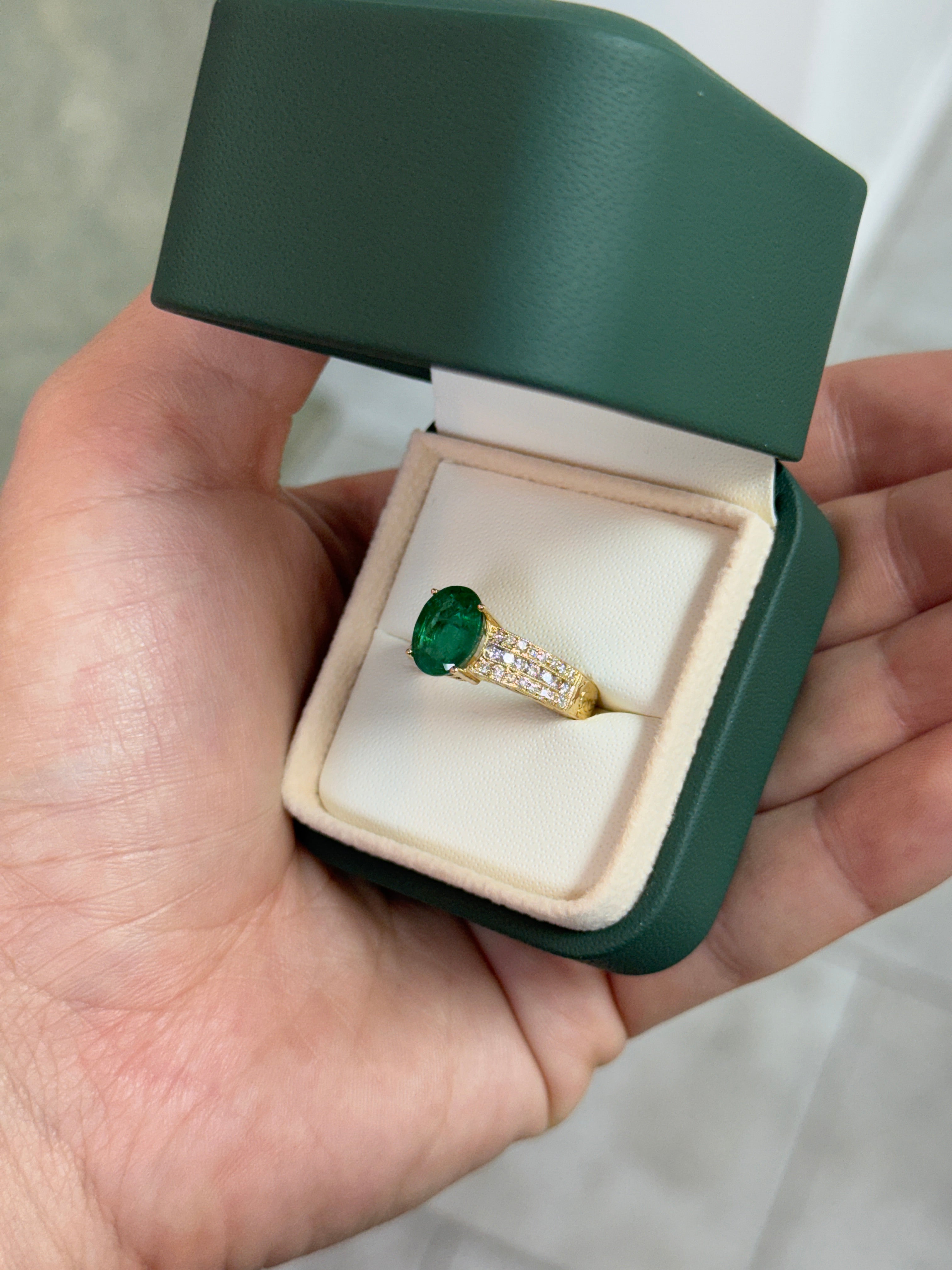 3.25tcw Natural Oval Emerald & Diamond Accented Hand Etched Engagement Ring 18K