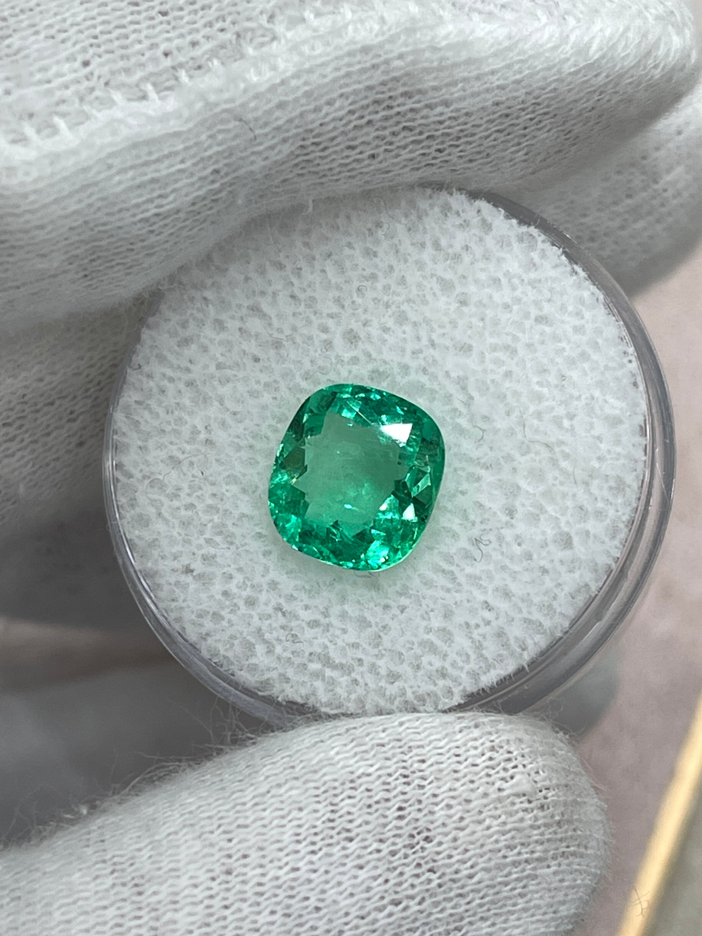 2.38 Carat 9x8 Lustrous Neon Yellowish Green Natural Loose Colombian Emerald-Cushion Cut