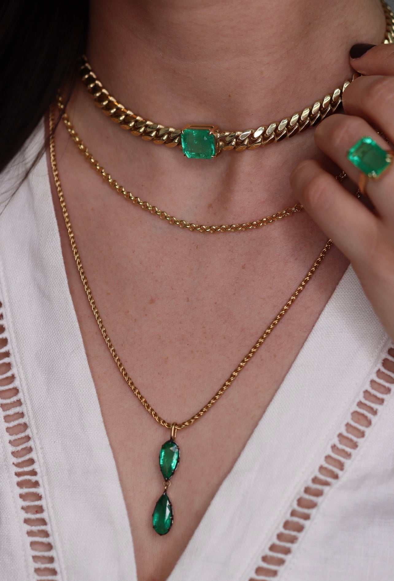 5.25tcw Rich Dark Green Natural Emerald Georgian Styled Hour Glass Necklace 14K - JR Colombian Emeralds