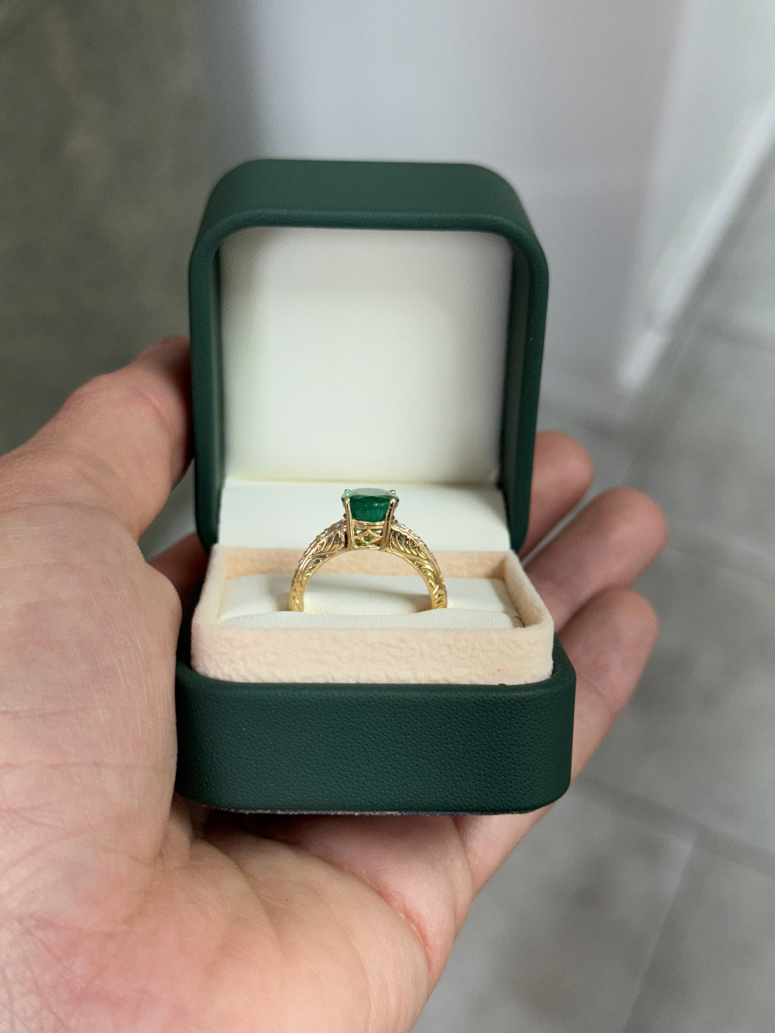 3.25tcw Natural Oval Emerald & Diamond Accented Hand Etched Engagement Ring 18K