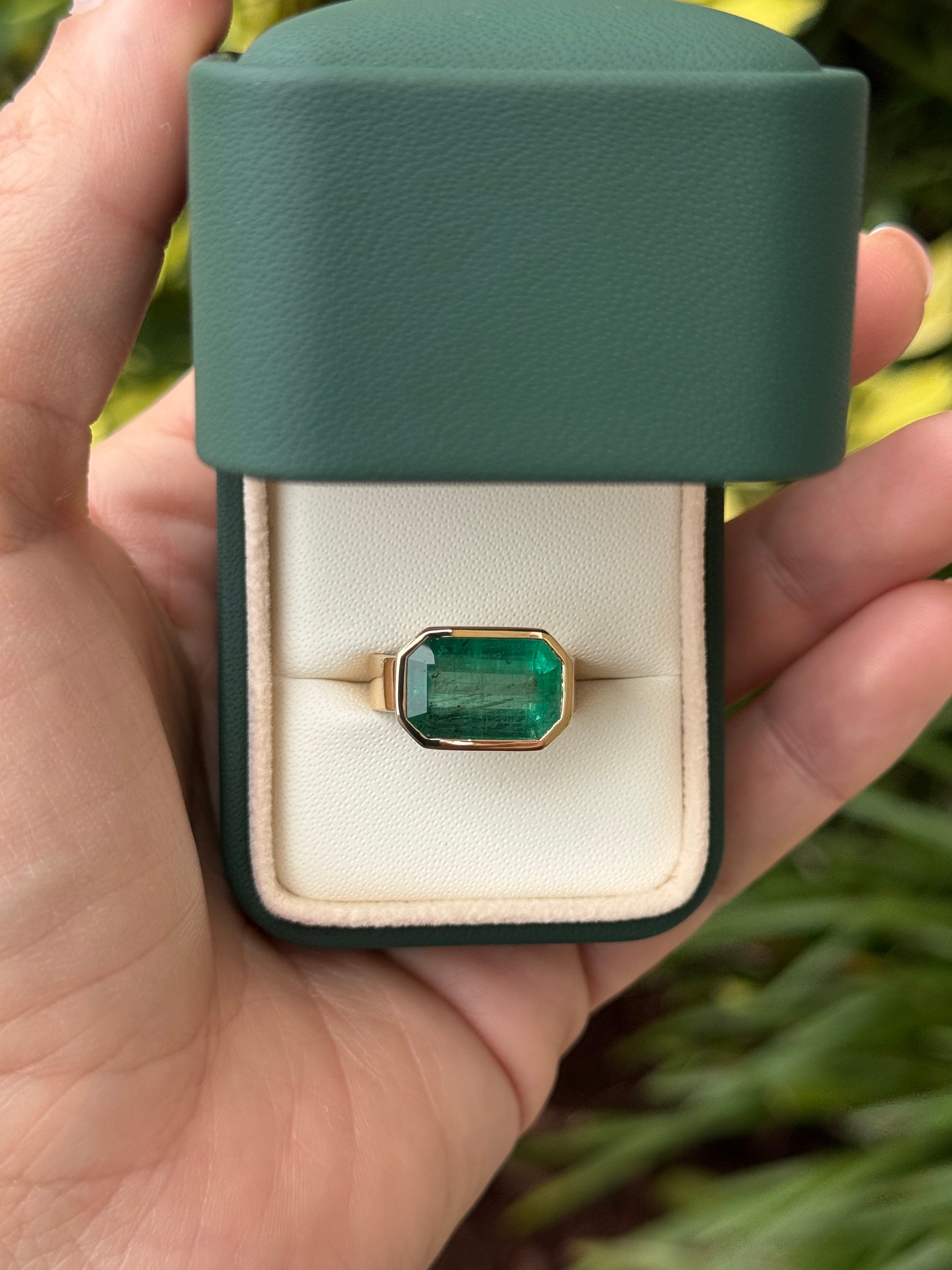 6.44 Carat Natural Emerald East to West Bezel Set Statement Ring in 18K Gold 5.5mm Wide