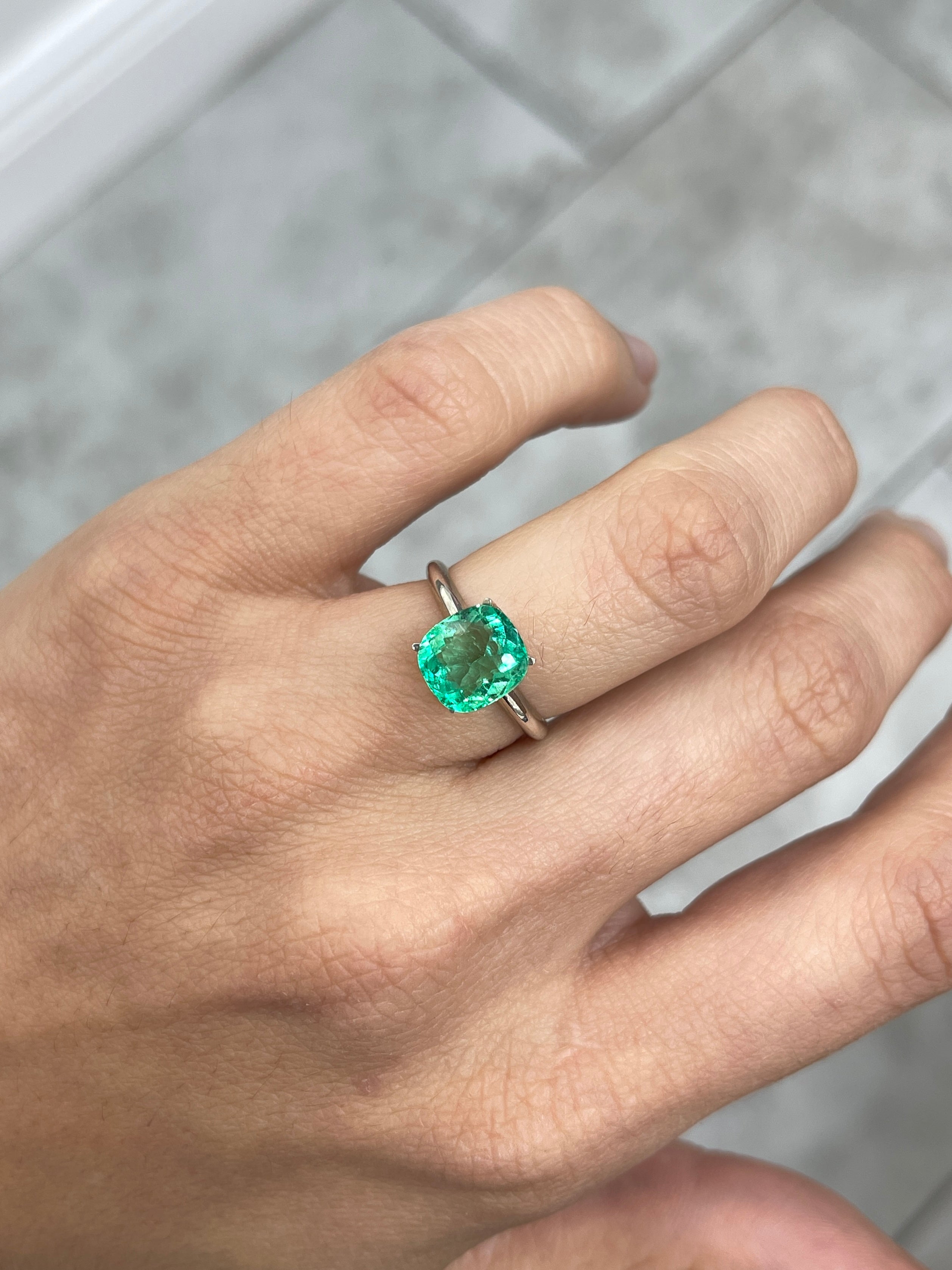2.38 Carat 9x8 Lustrous Neon Yellowish Green Natural Loose Colombian Emerald-Cushion Cut