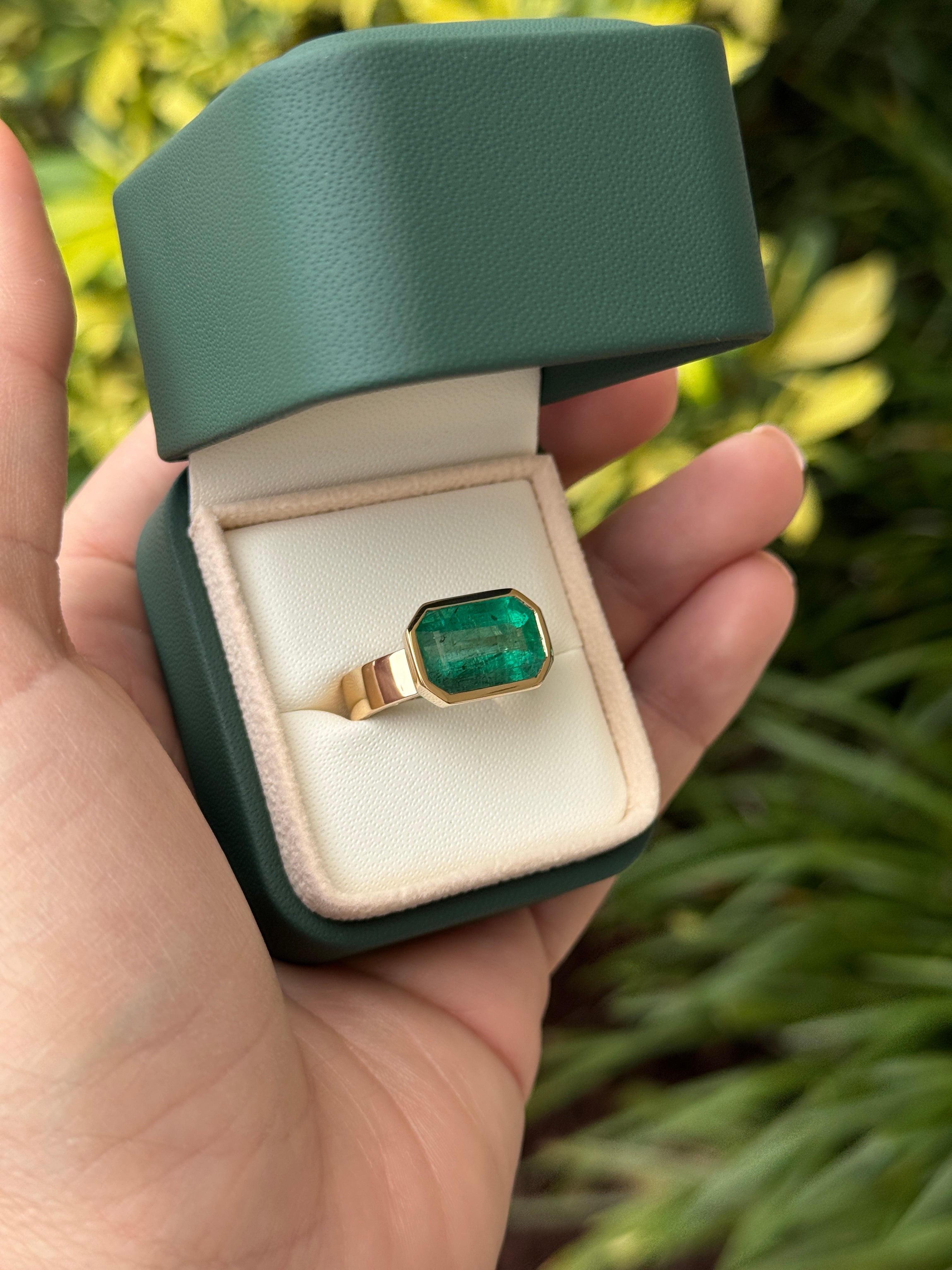 6.44 Carat Natural Emerald East to West Bezel Set Statement Ring in 18K Gold 5.5mm Wide