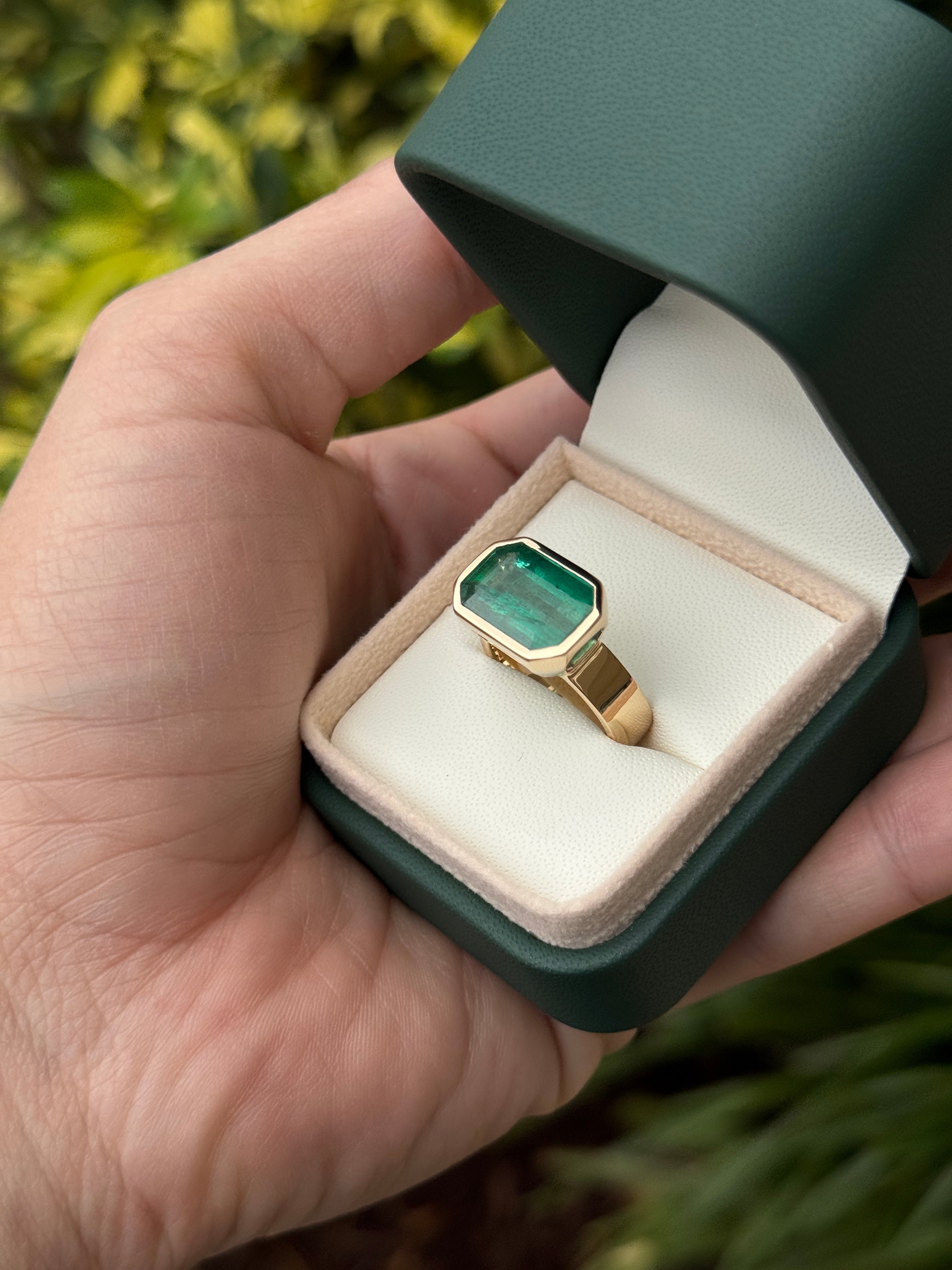 6.44 Carat Natural Emerald East to West Bezel Set Statement Ring in 18K Gold 5.5mm Wide