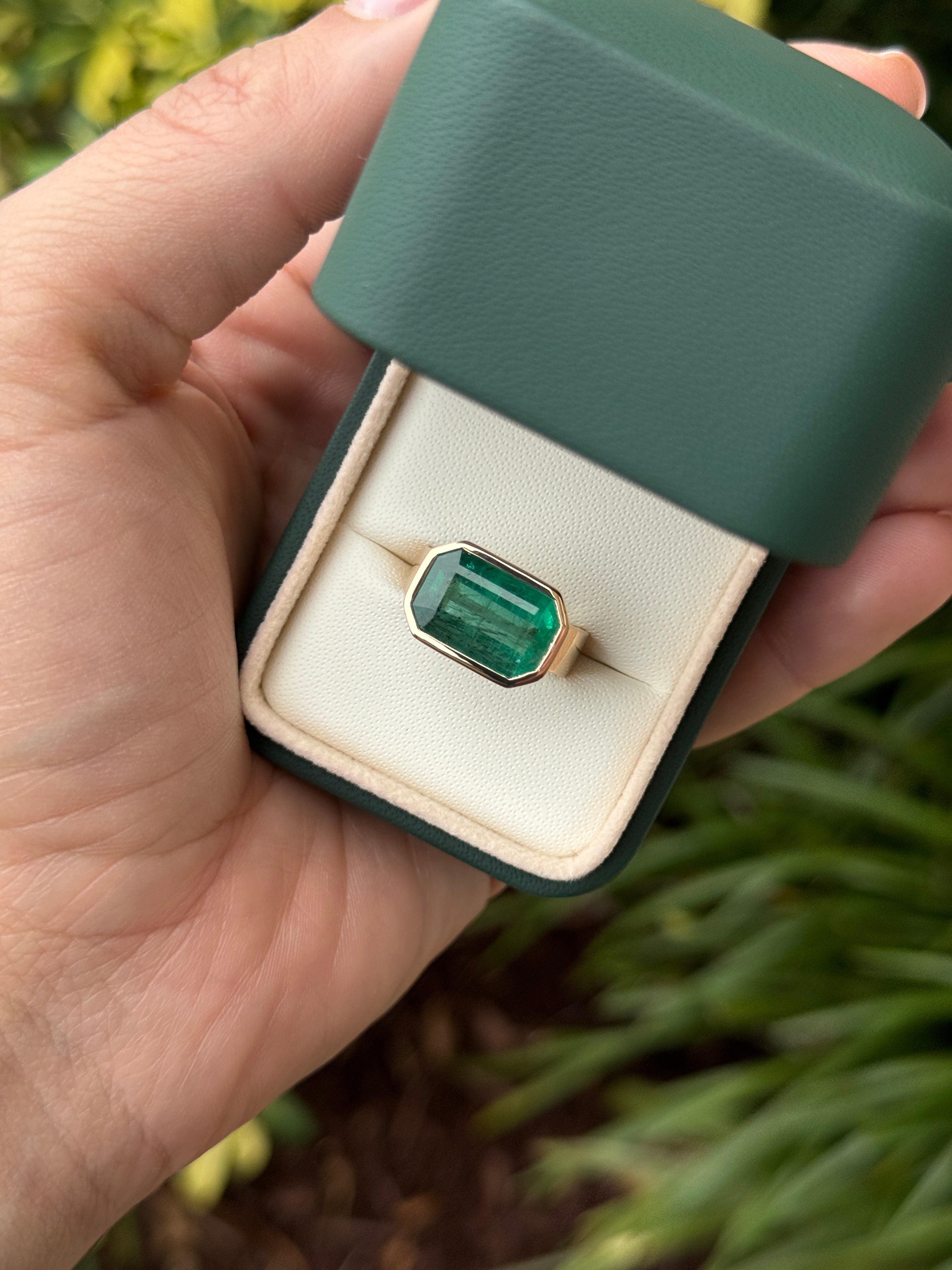 6.44 Carat Natural Emerald East to West Bezel Set Statement Ring in 18K Gold 5.5mm Wide