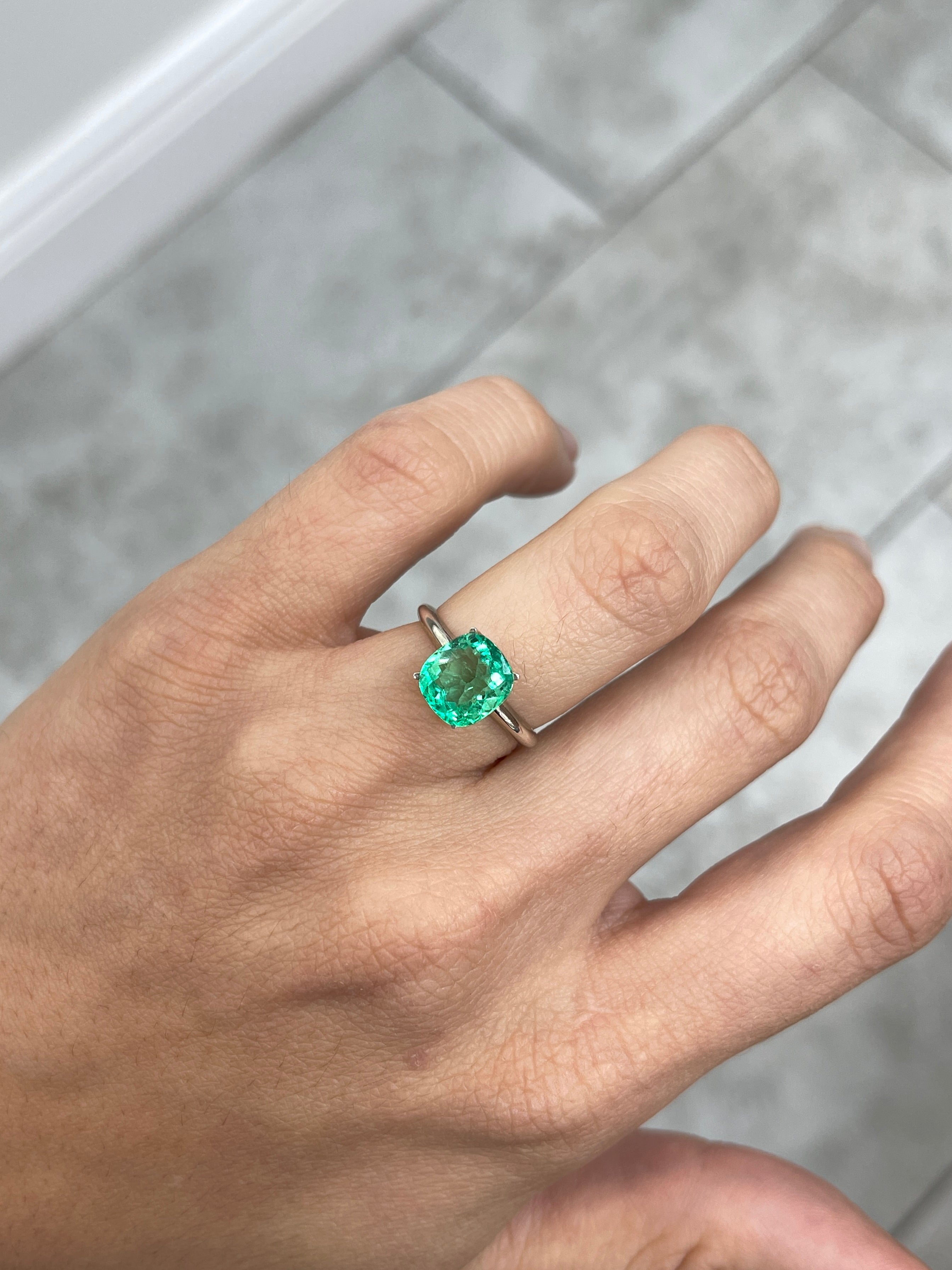 2.38 Carat 9x8 Lustrous Neon Yellowish Green Natural Loose Colombian Emerald-Cushion Cut