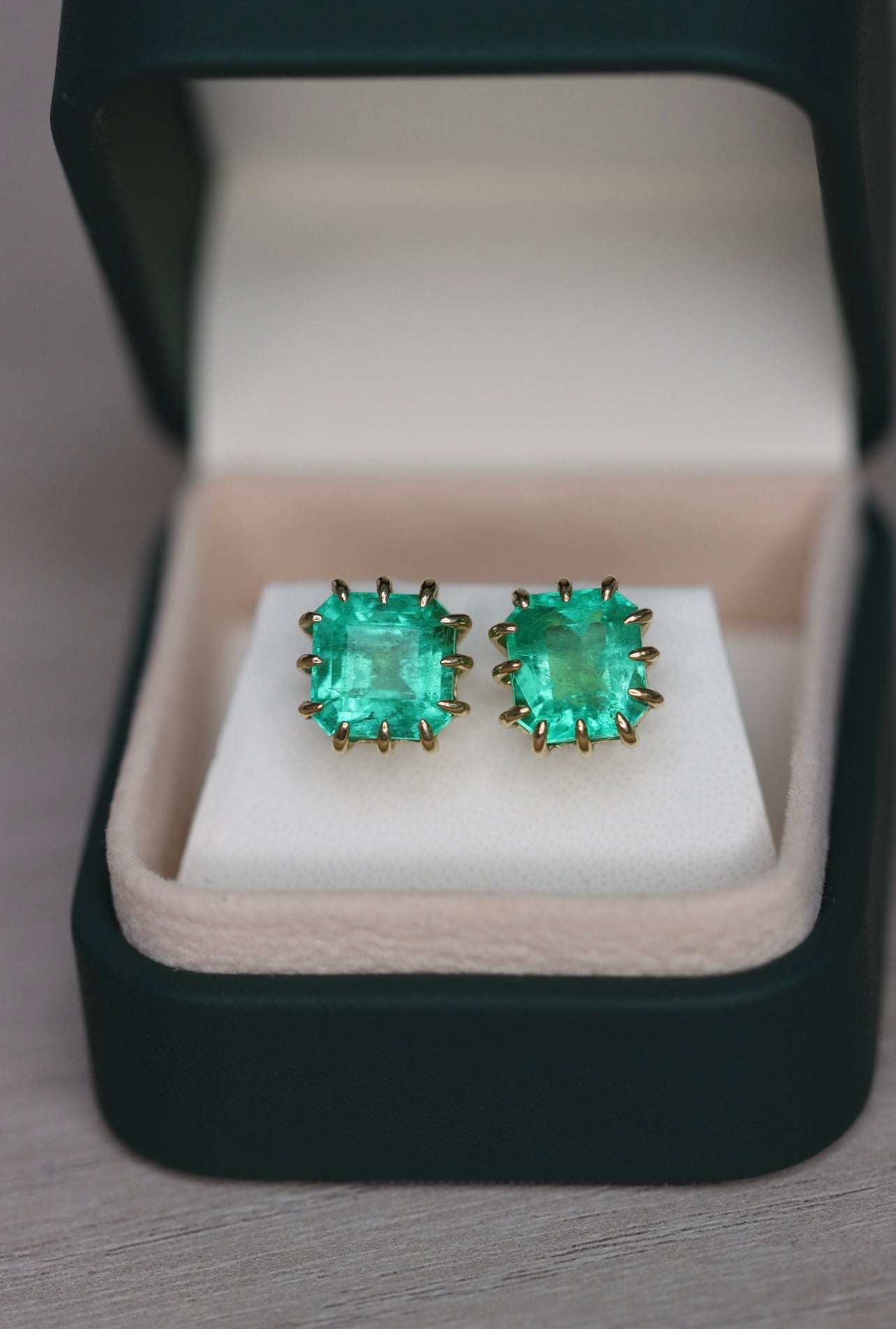 8.56tcw Colombian Emerald Multi Prong 18K Statement Studs