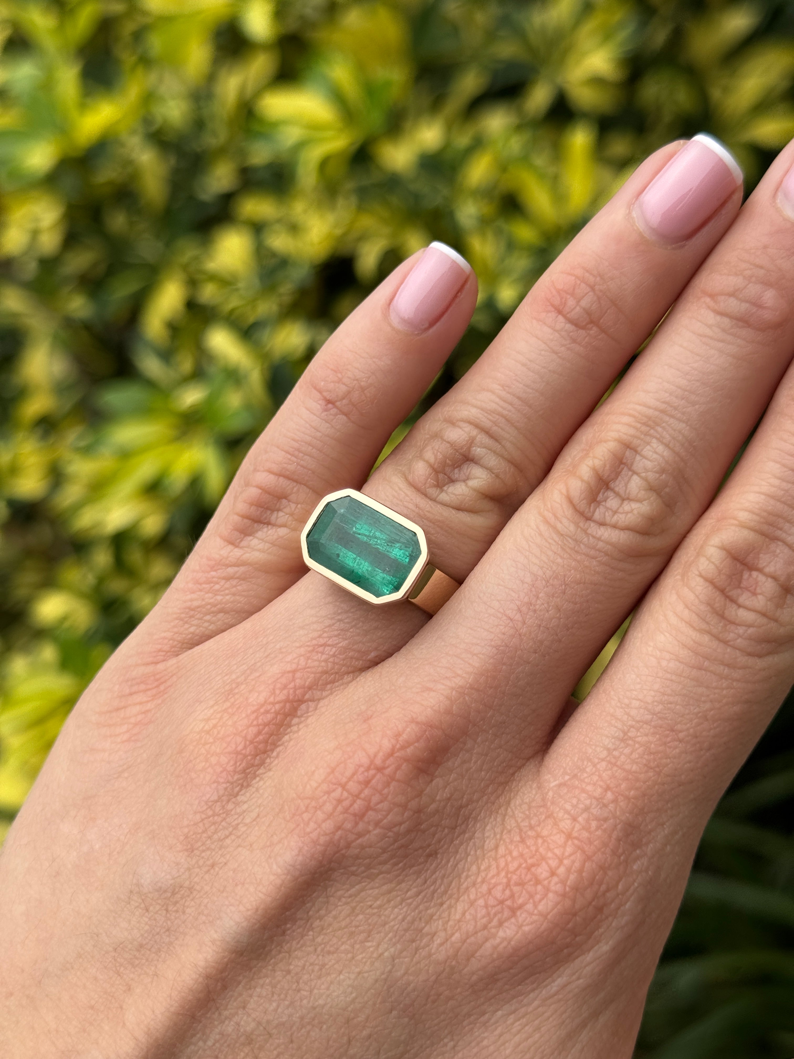 6.44 Carat Natural Emerald East to West Bezel Set Statement Ring in 18K Gold 5.5mm Wide