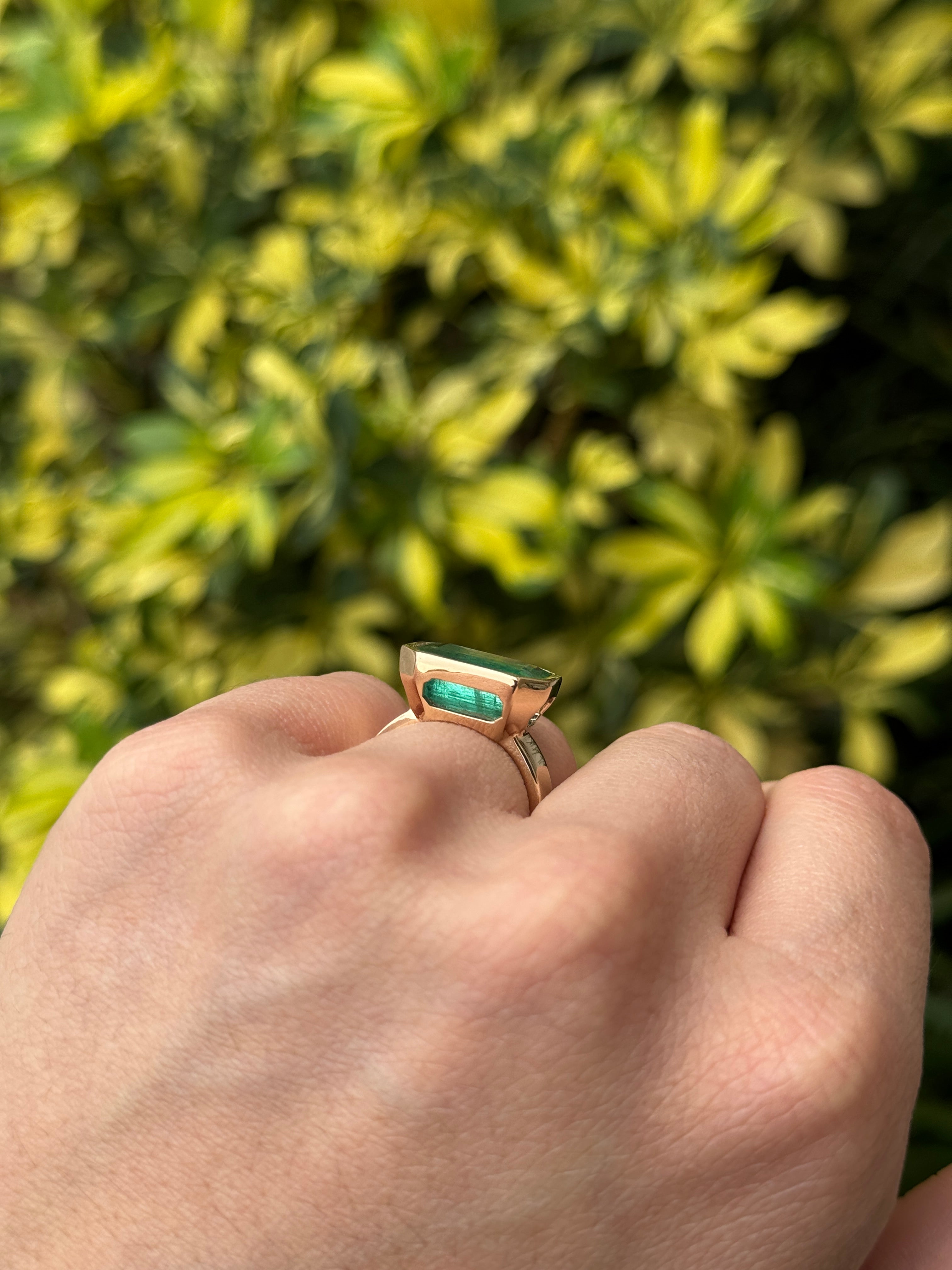 6.44 Carat Natural Emerald East to West Bezel Set Statement Ring in 18K Gold 5.5mm Wide
