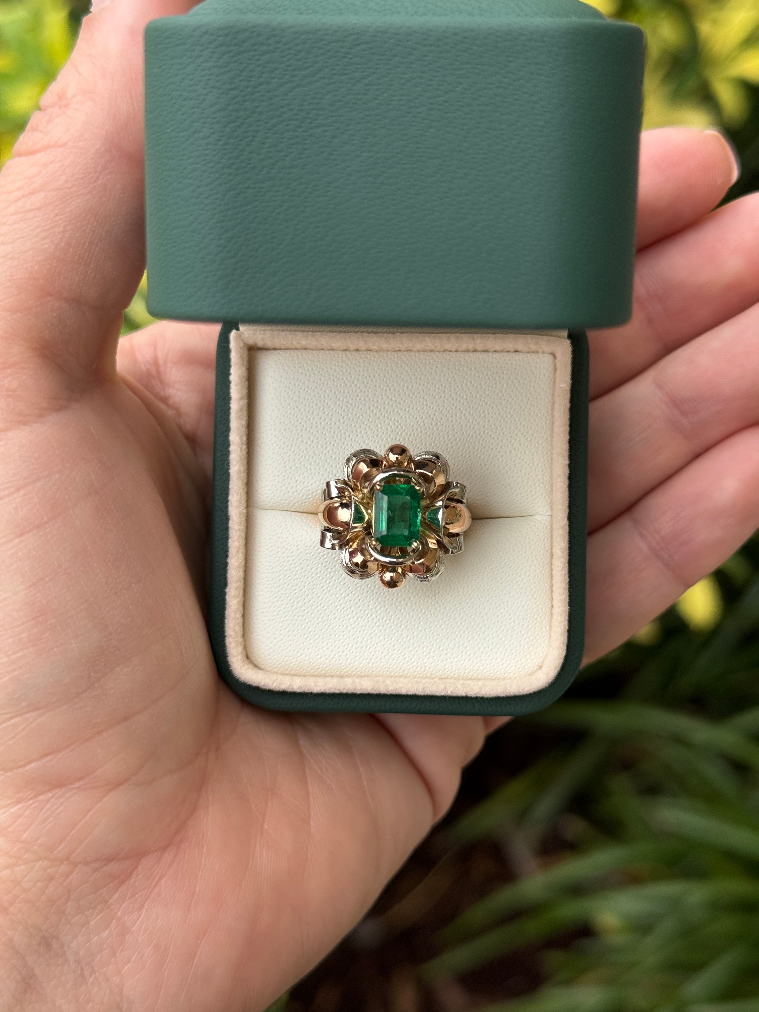 1.50 Carat AAA+ Emerald Solitaire Art Deco Ring 18K Rose & White Gold