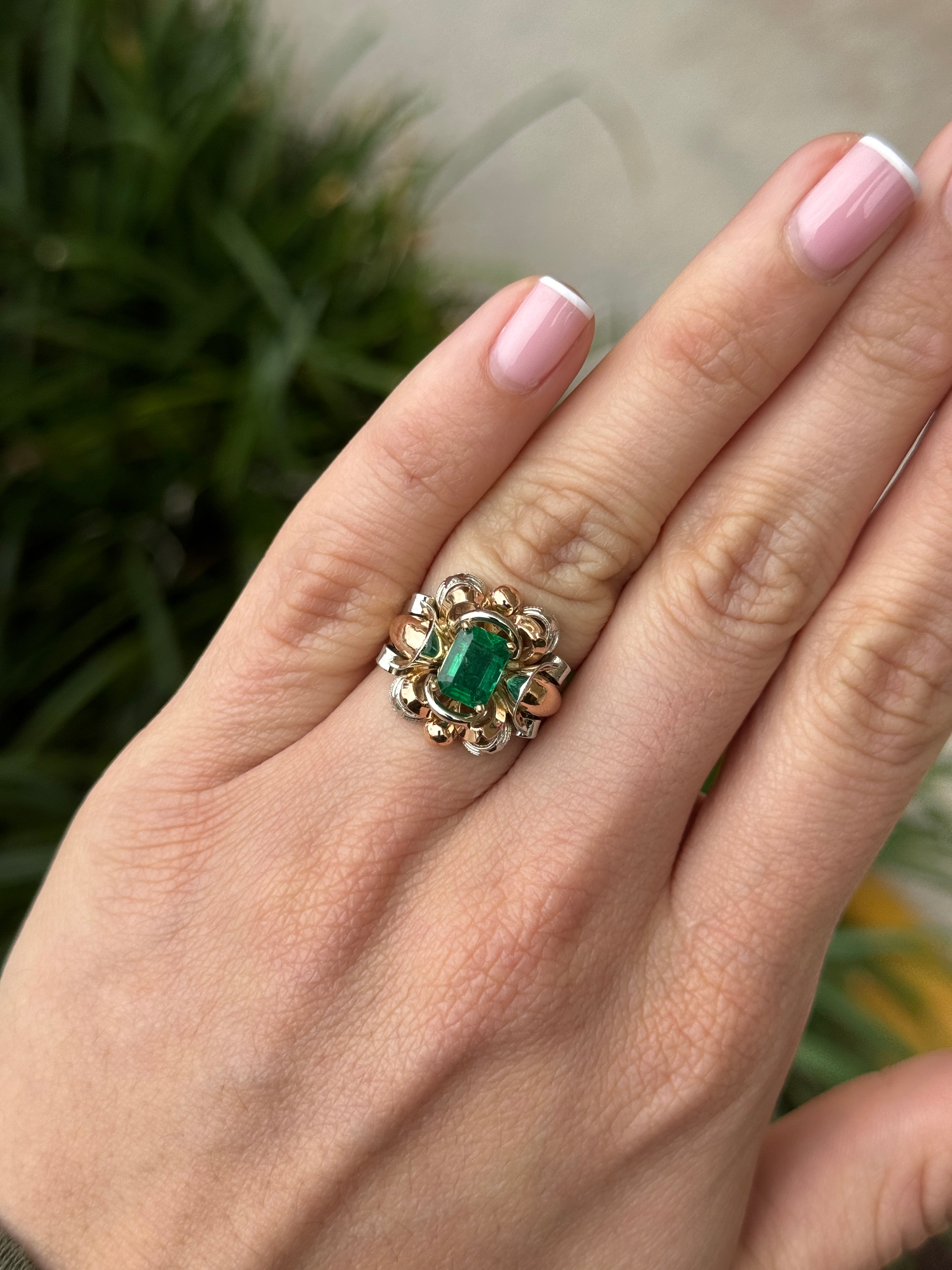 1.50 Carat AAA+ Emerald Solitaire Art Deco Ring 18K Rose & White Gold