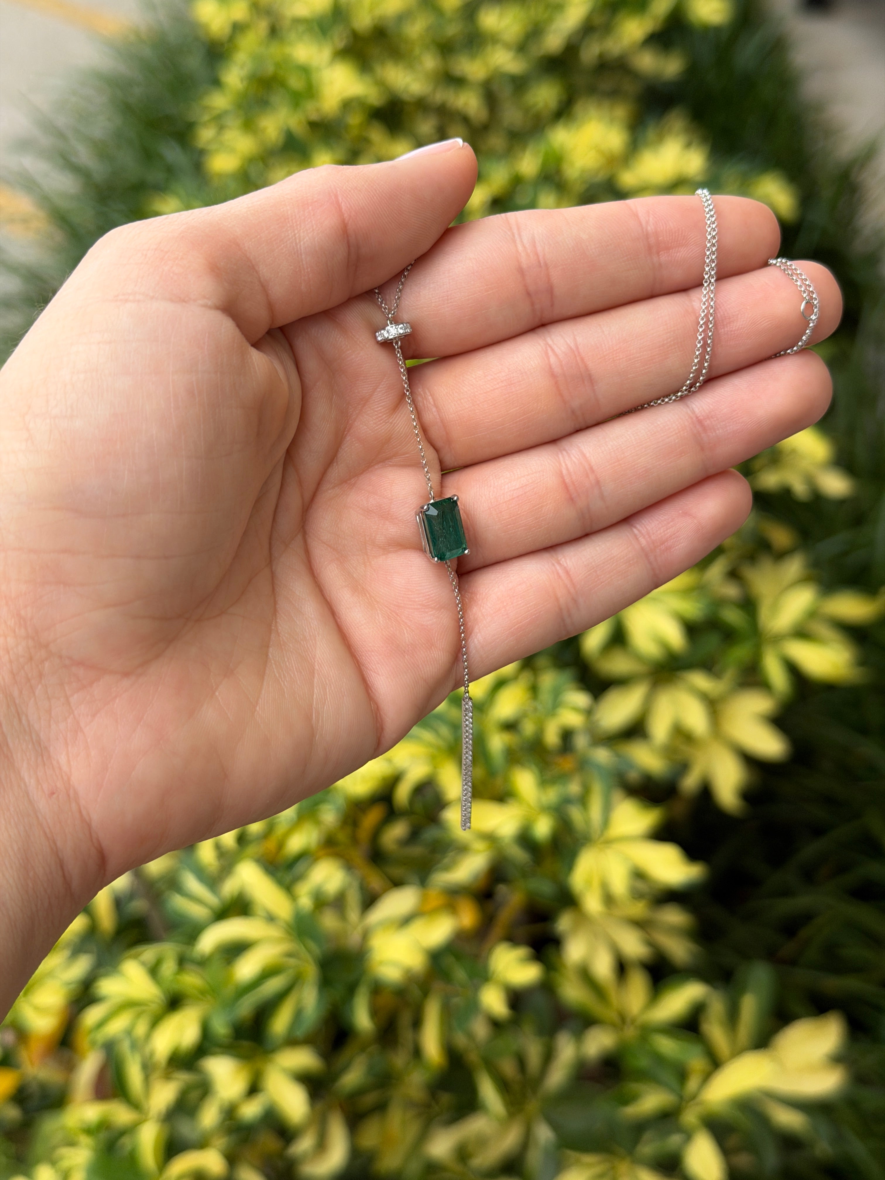 Emerald & Diamond White Gold Lariat Necklace 14K