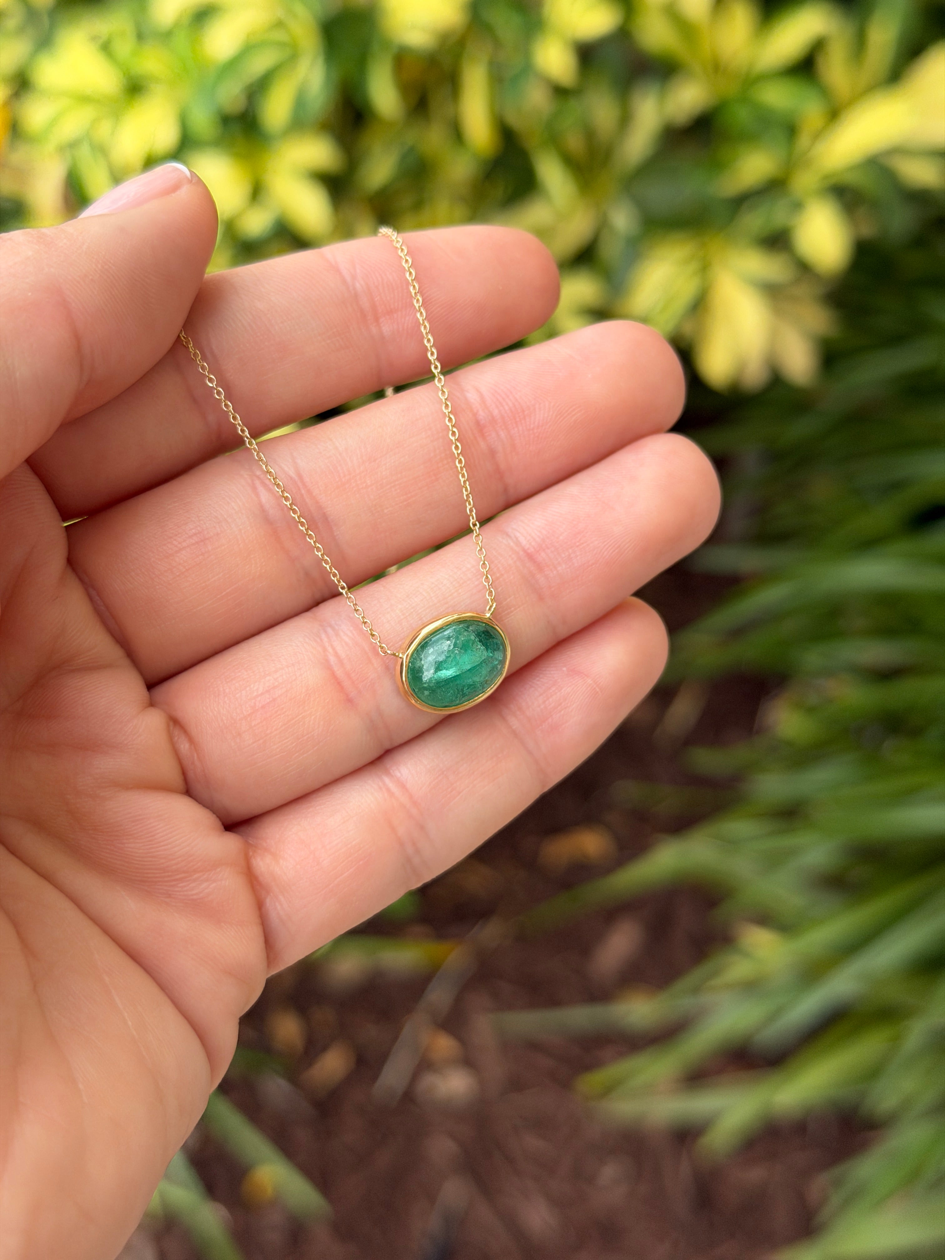 4.54 Carat East to West Emerald Cabochon Bezel Necklace 14K