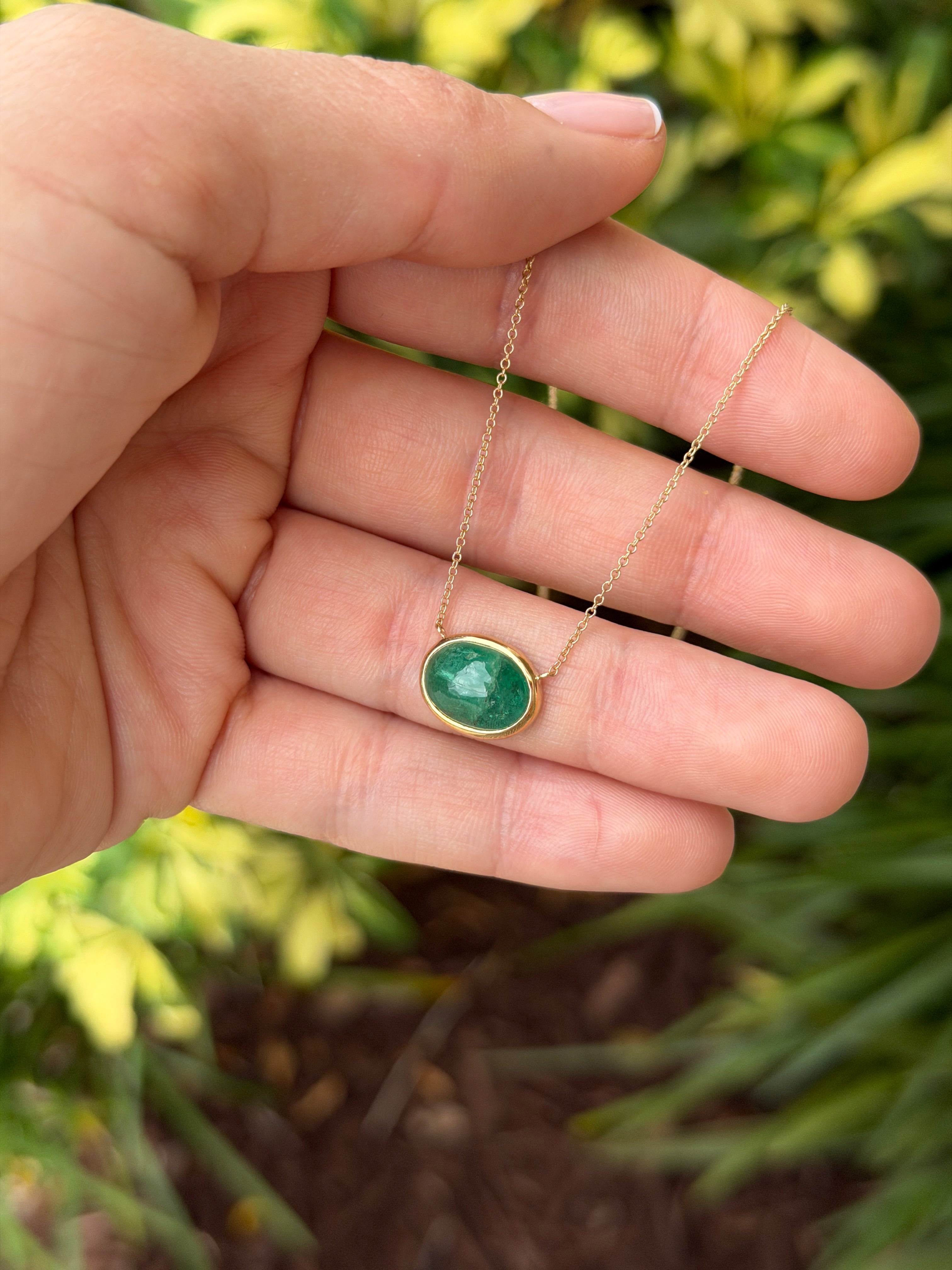 4.54 Carat East to West Emerald Cabochon Bezel Necklace 14K