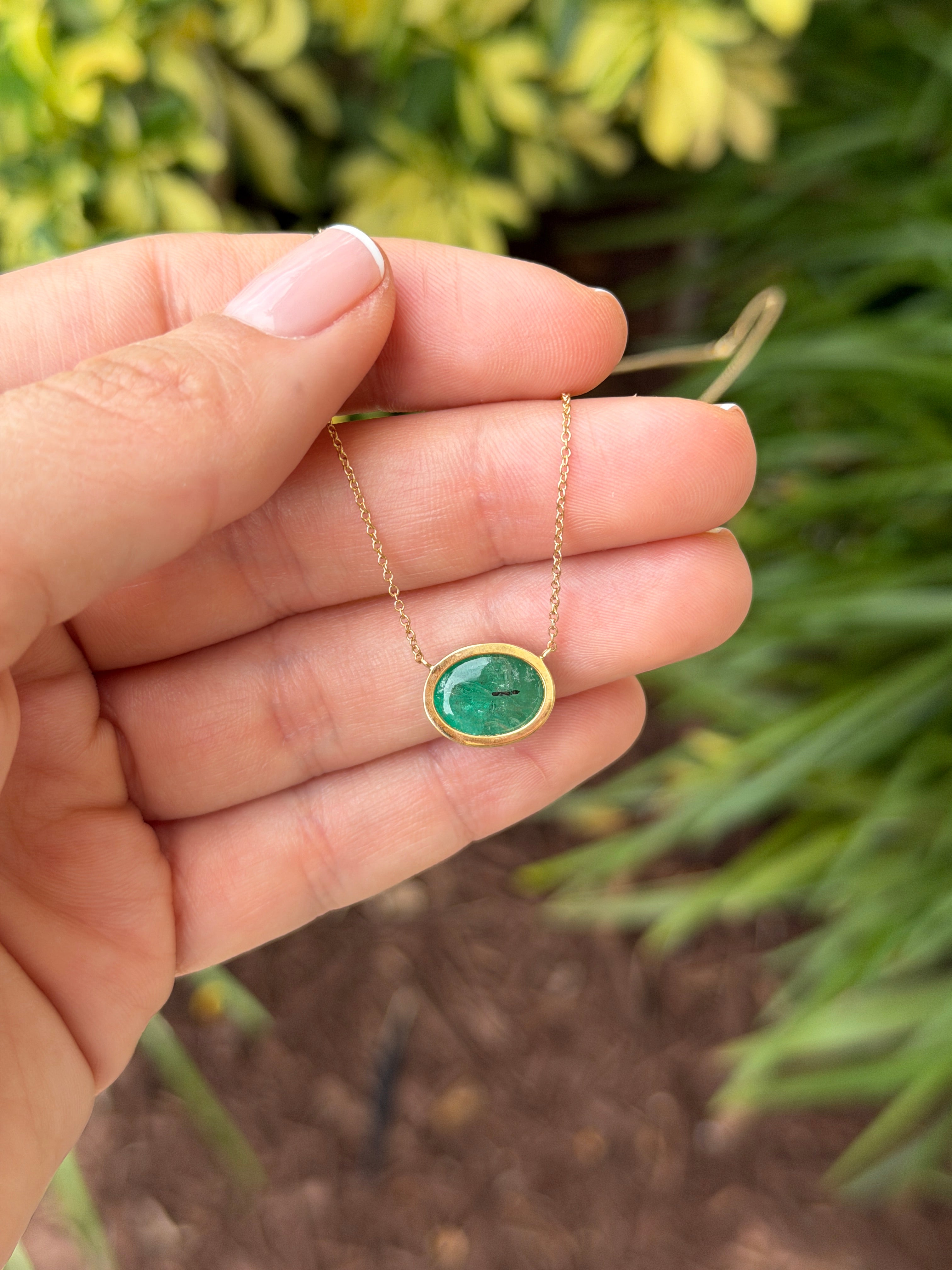 4.54 Carat East to West Emerald Cabochon Bezel Necklace 14K