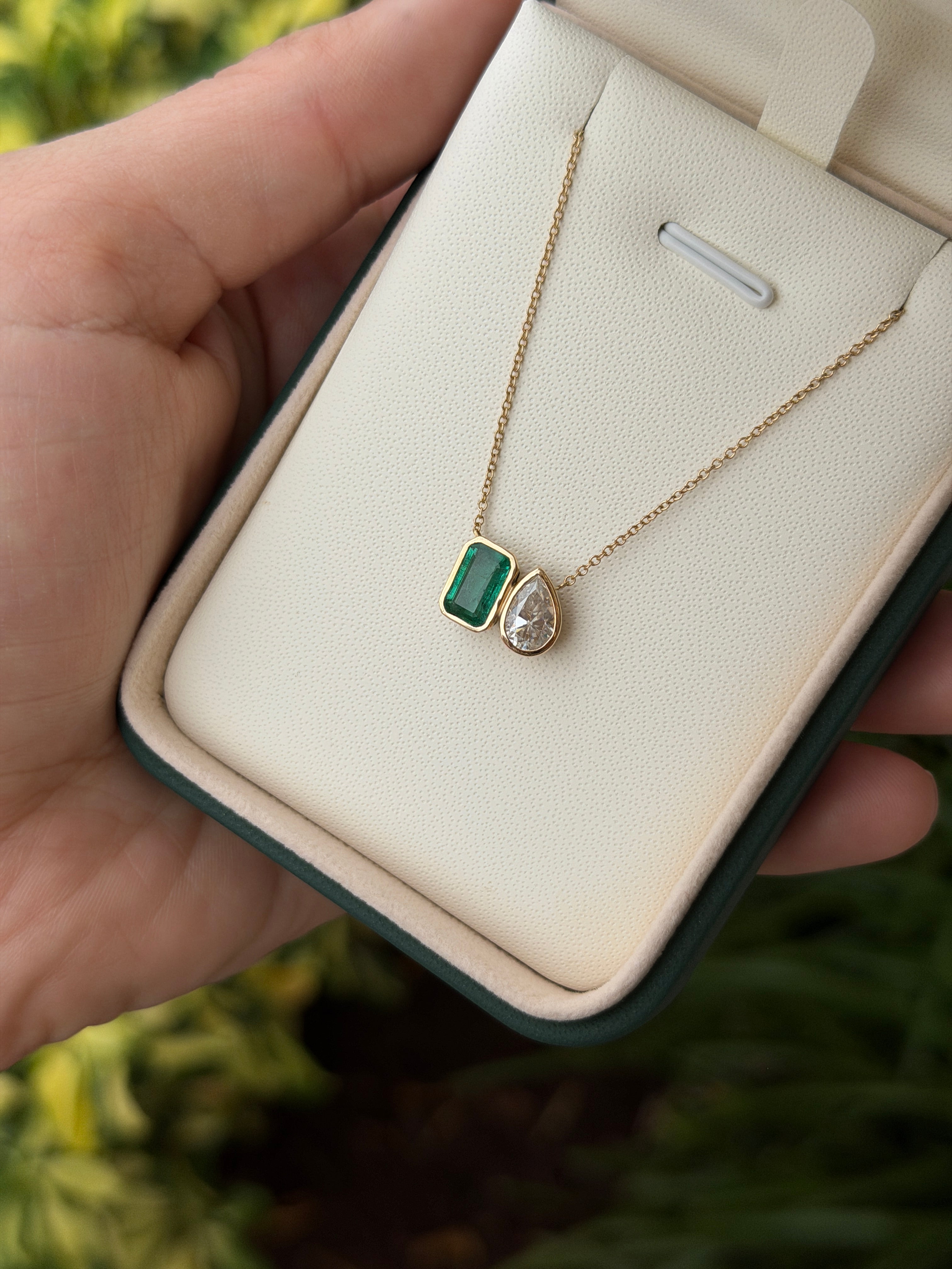 2.20tcw Emerald & Pear Moissanite Toi Et Moi 14K Gold Necklace