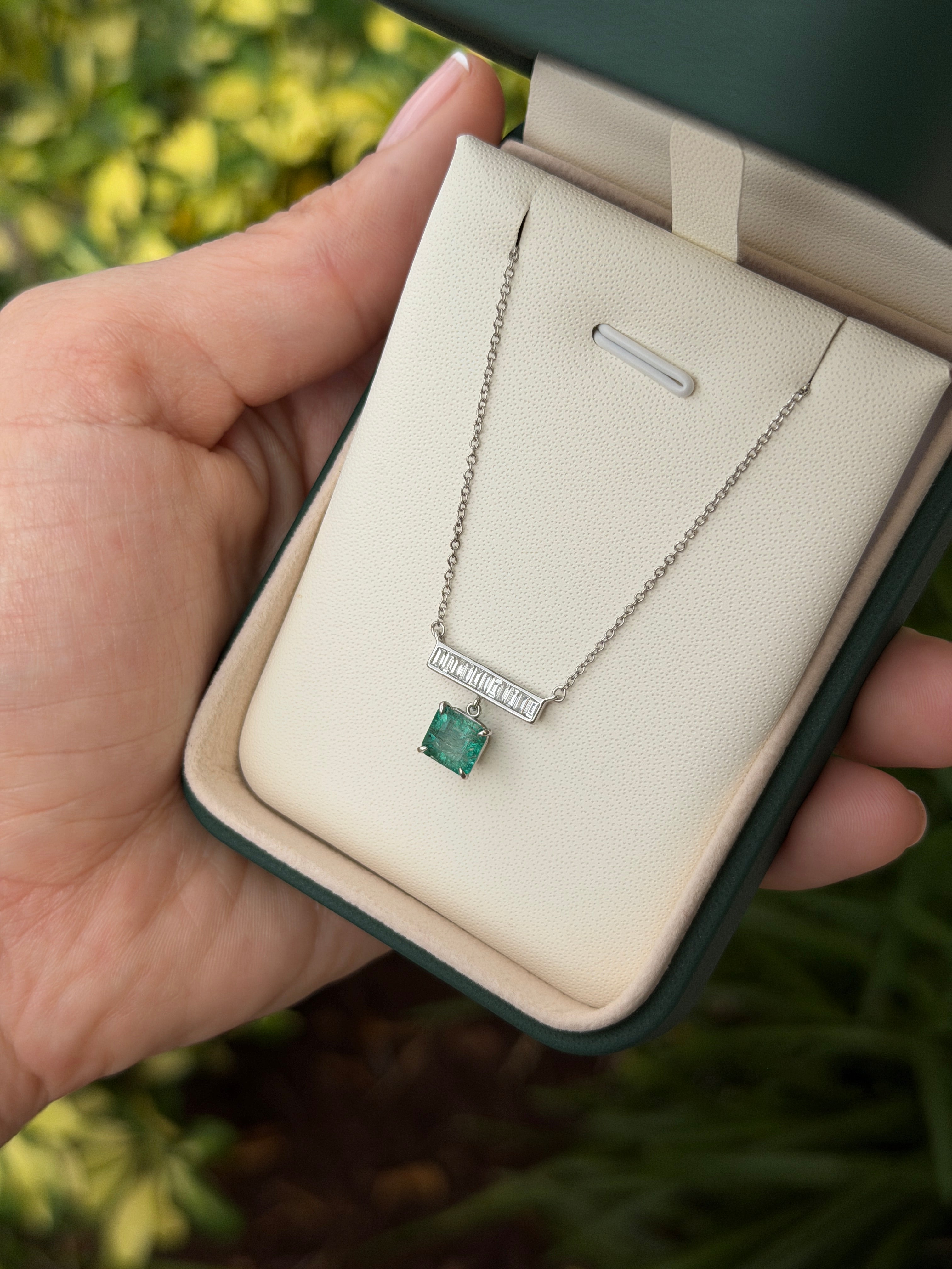 1.66tcw Diamond Baguette Bar & Emerald Dangle Necklace 14K White Gold