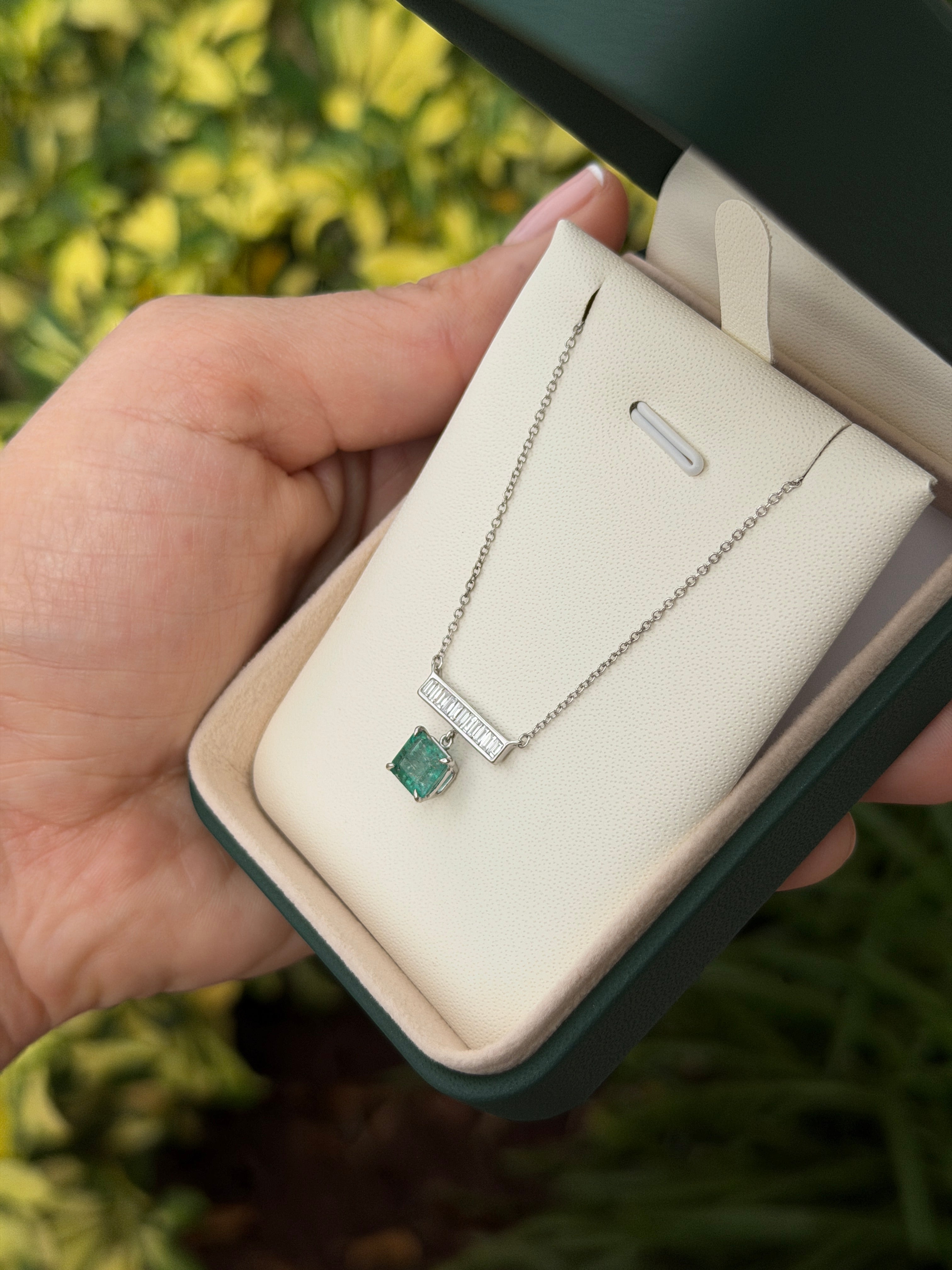 1.66tcw Diamond Baguette Bar & Emerald Dangle Necklace 14K White Gold