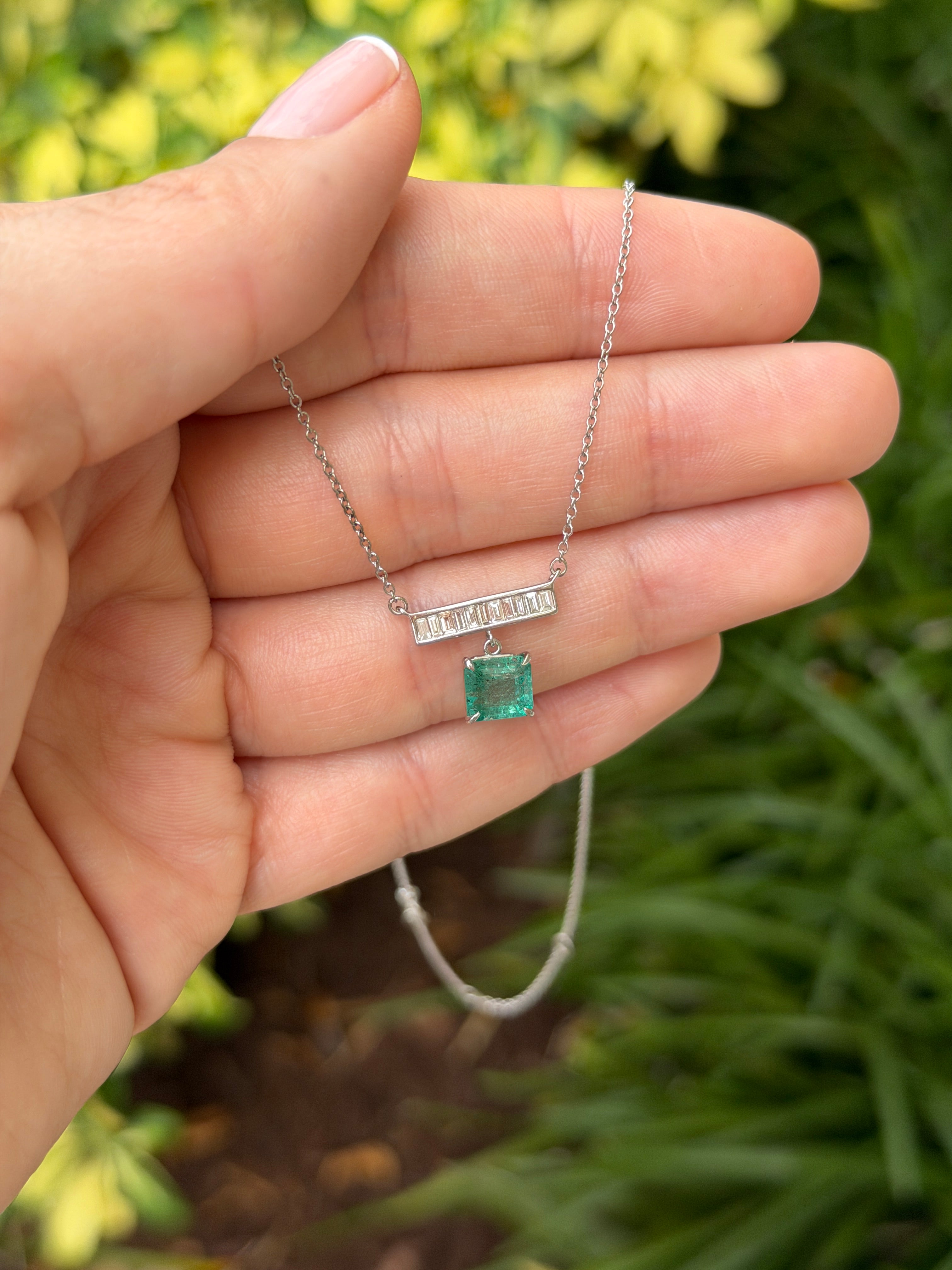 1.66tcw Diamond Baguette Bar & Emerald Dangle Necklace 14K White Gold