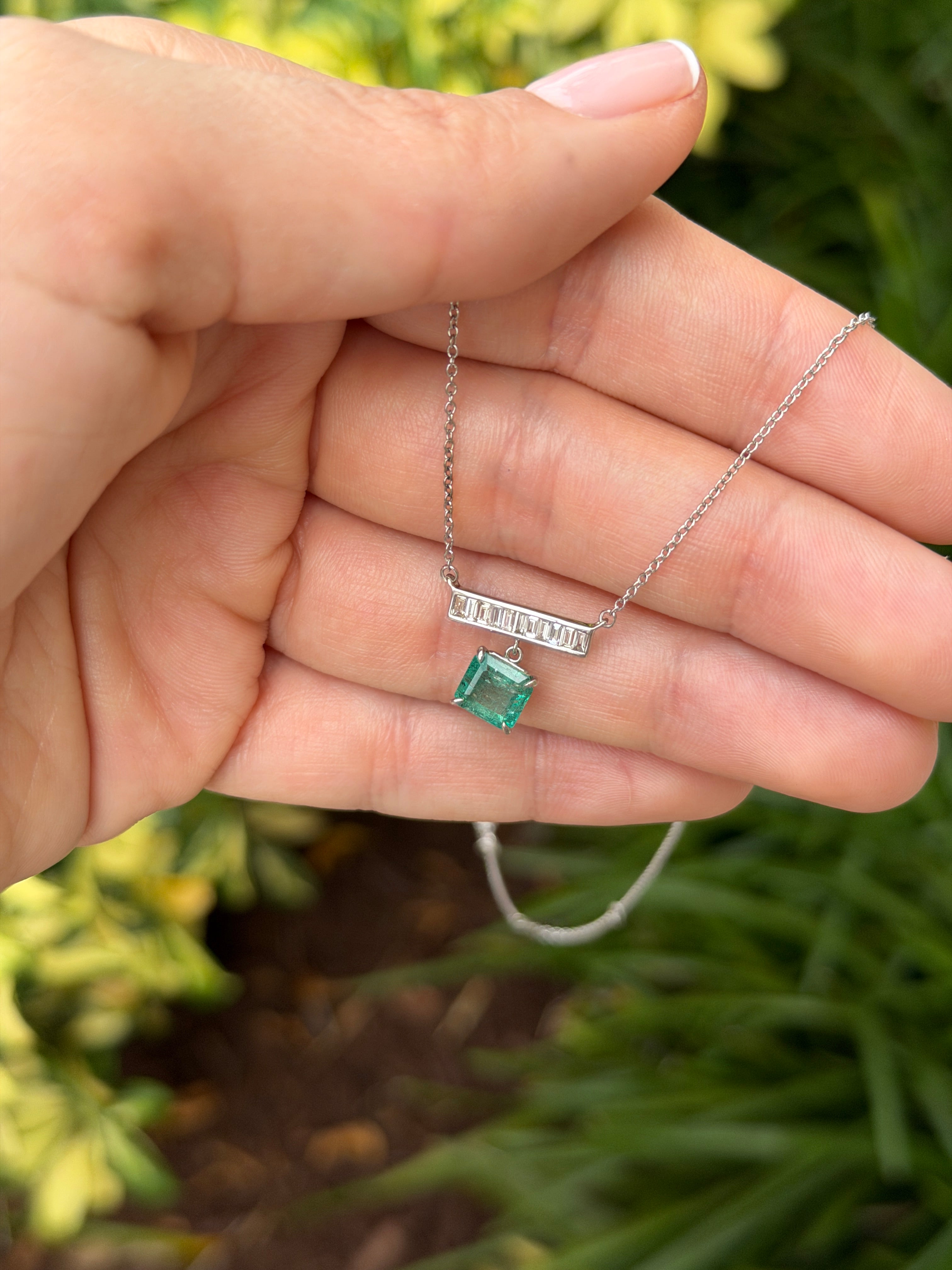 1.66tcw Diamond Baguette Bar & Emerald Dangle Necklace 14K White Gold