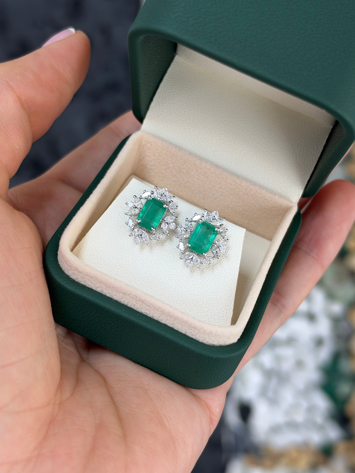 2.67tcw 14K Natural Emerald Cut Emerald & Marquise Diamond Halo Studs