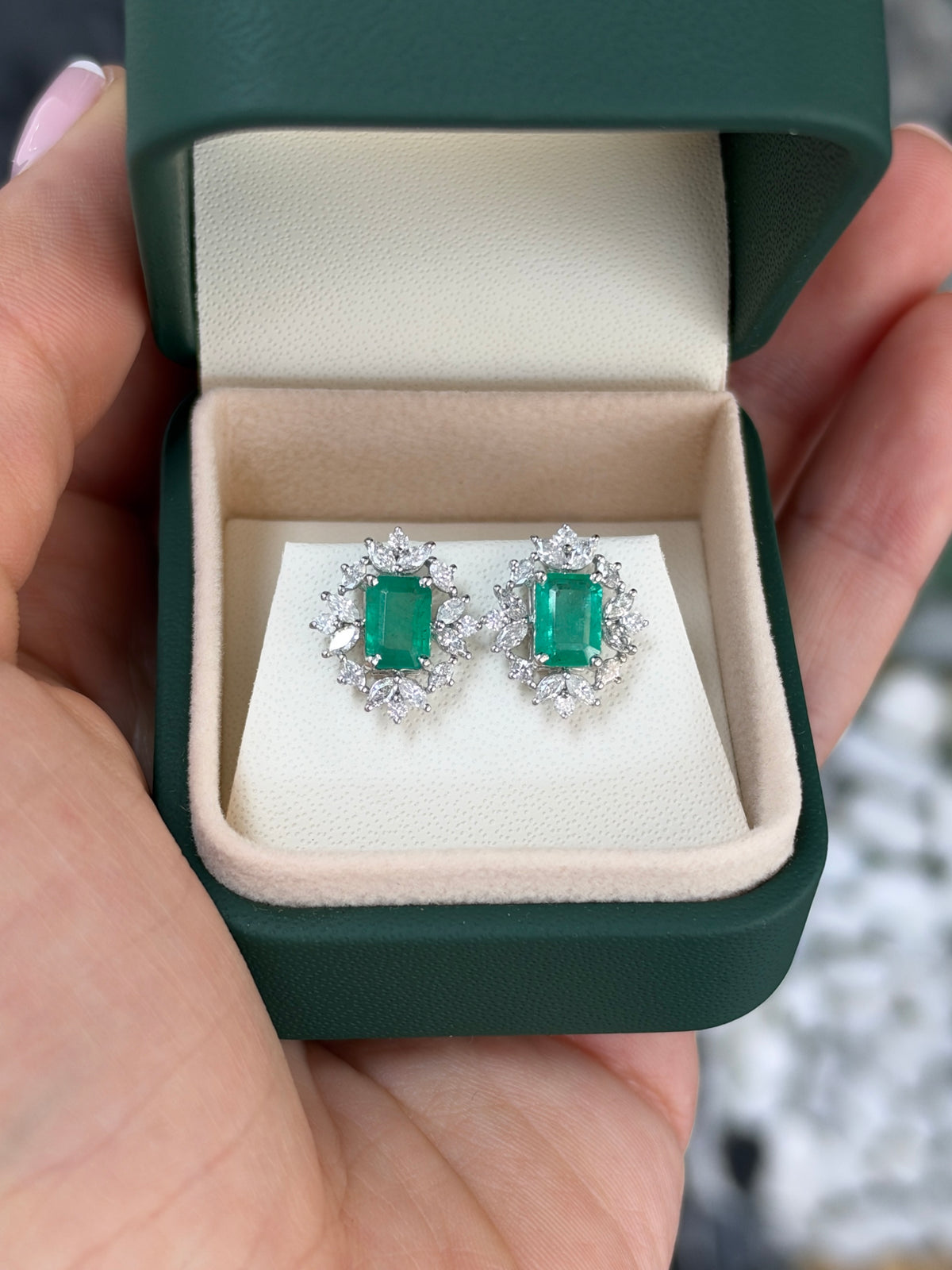 2.67tcw 14K Natural Emerald Cut Emerald & Marquise Diamond Halo Studs
