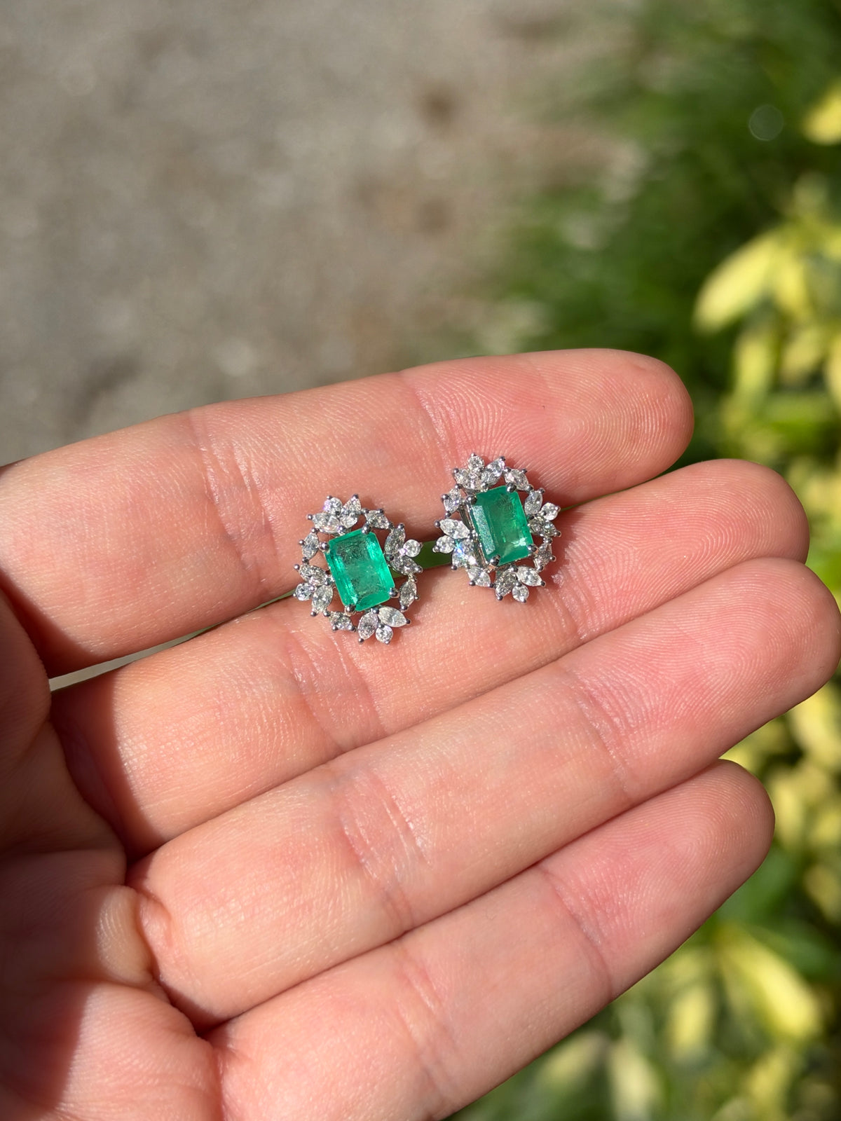 2.67tcw 14K Natural Emerald Cut Emerald & Marquise Diamond Halo Studs