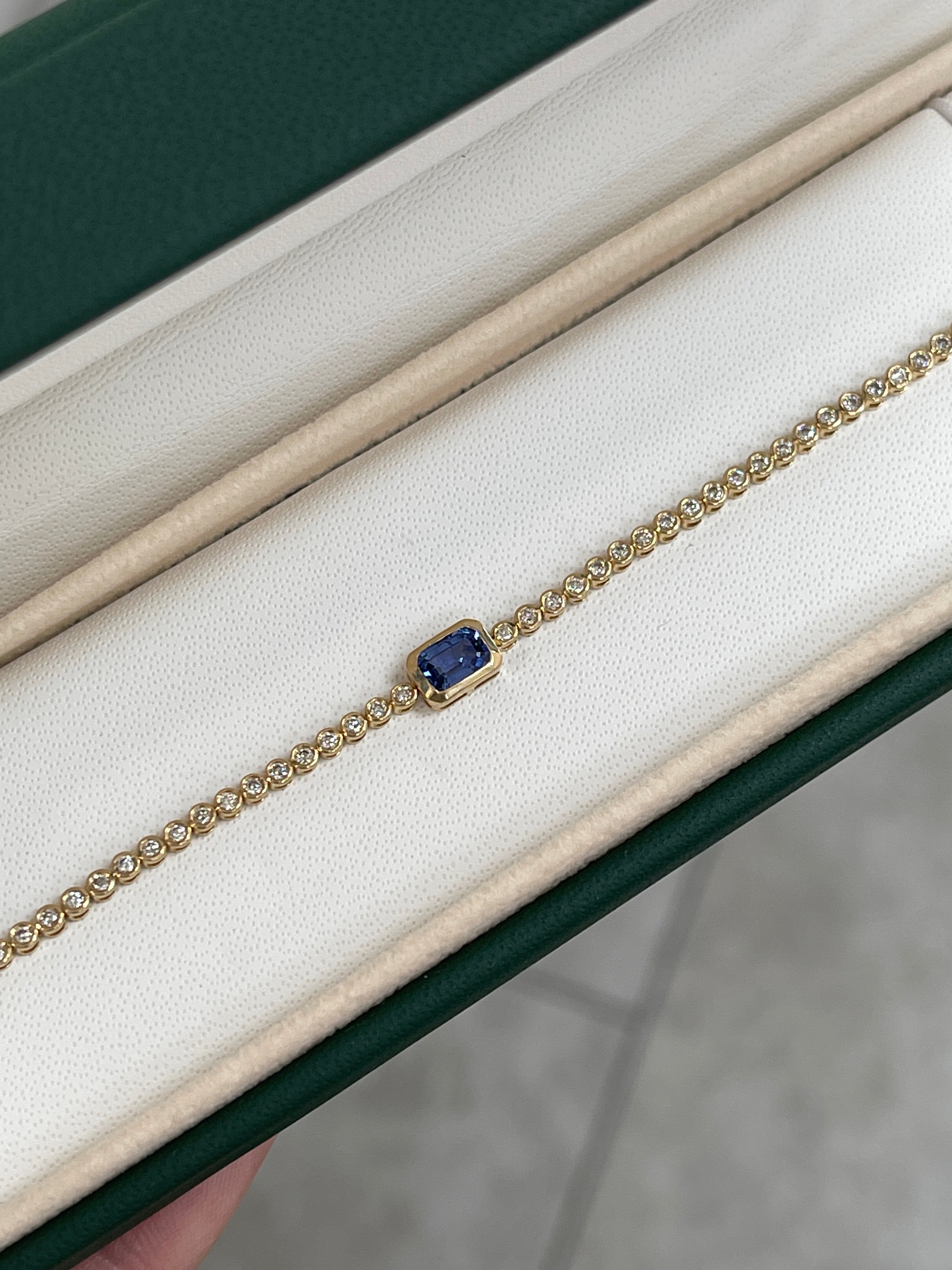 1.46tcw Bezel Set Pastel Blue Sapphire & Diamond Tennis Bracelet 14K- 7 inches