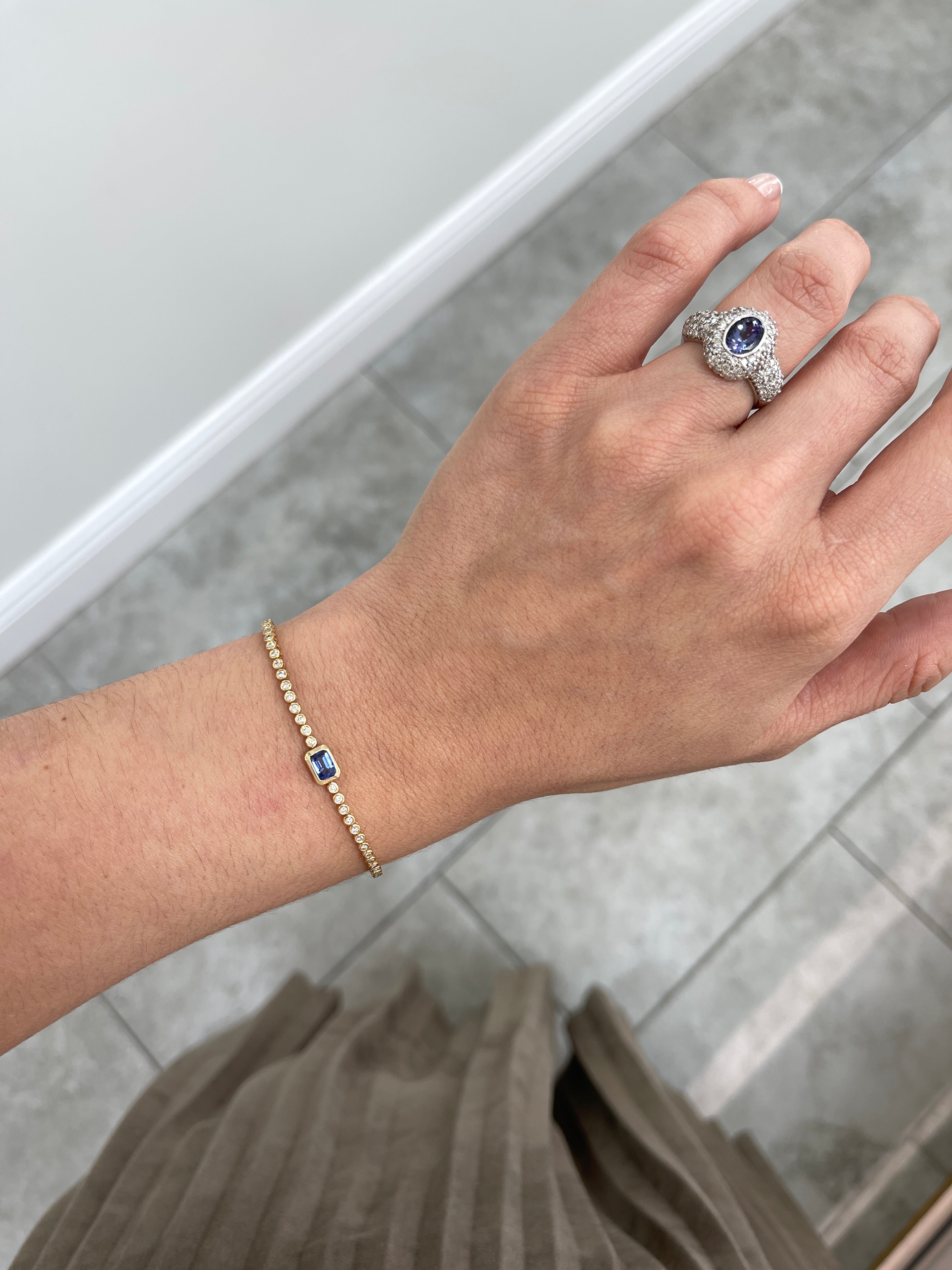 1.46tcw Bezel Set Pastel Blue Sapphire & Diamond Tennis Bracelet 14K- 7 inches