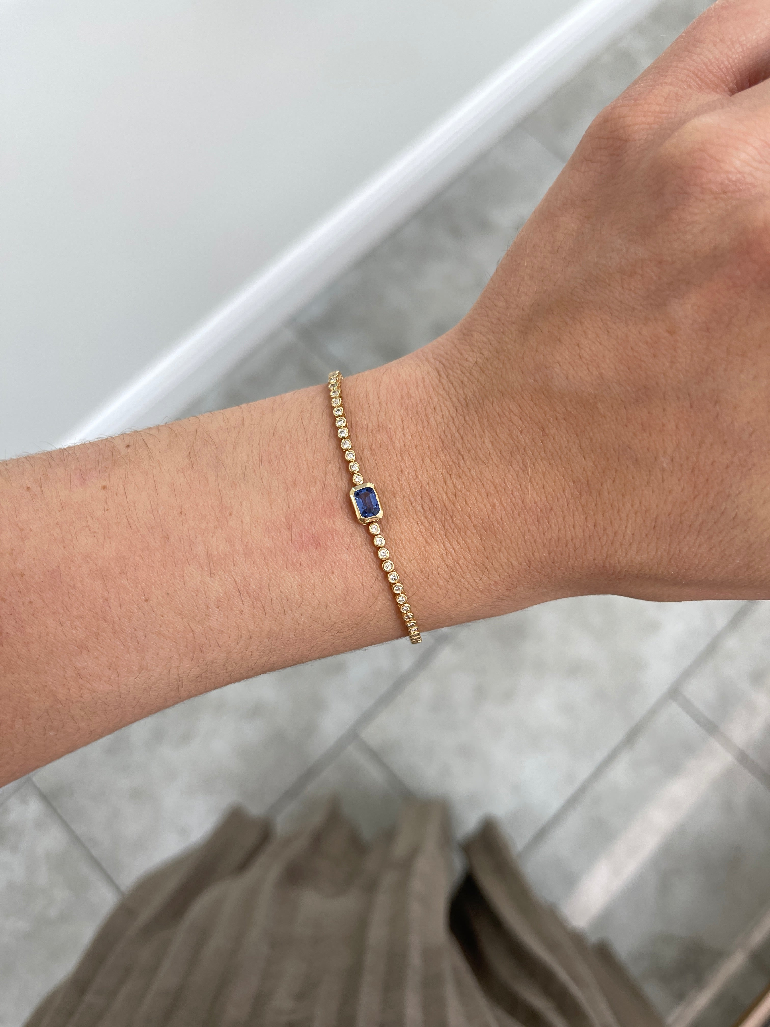 1.46tcw Bezel Set Pastel Blue Sapphire & Diamond Tennis Bracelet 14K- 7 inches