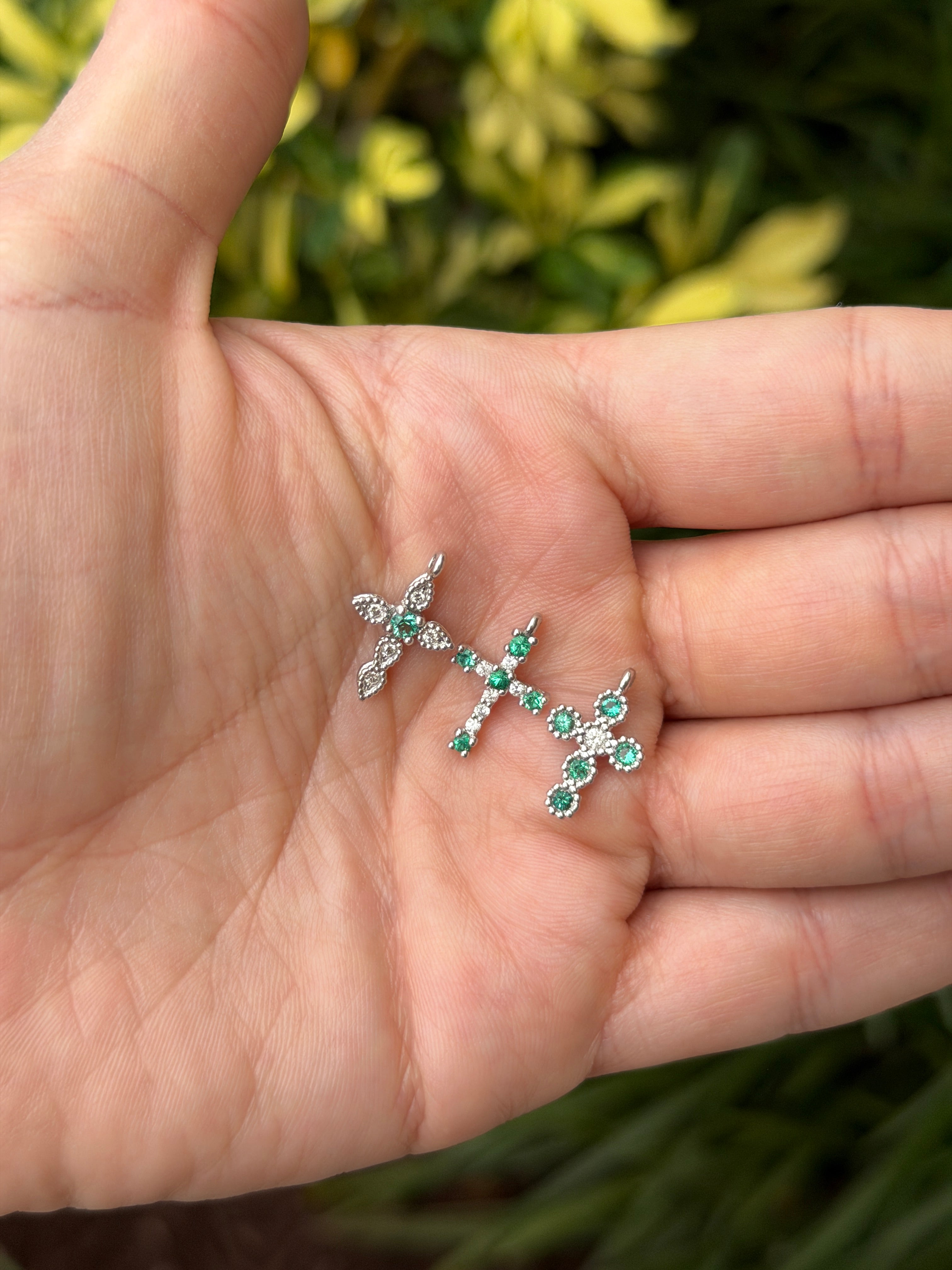 18K White Emerald & Diamond Petite Crosses