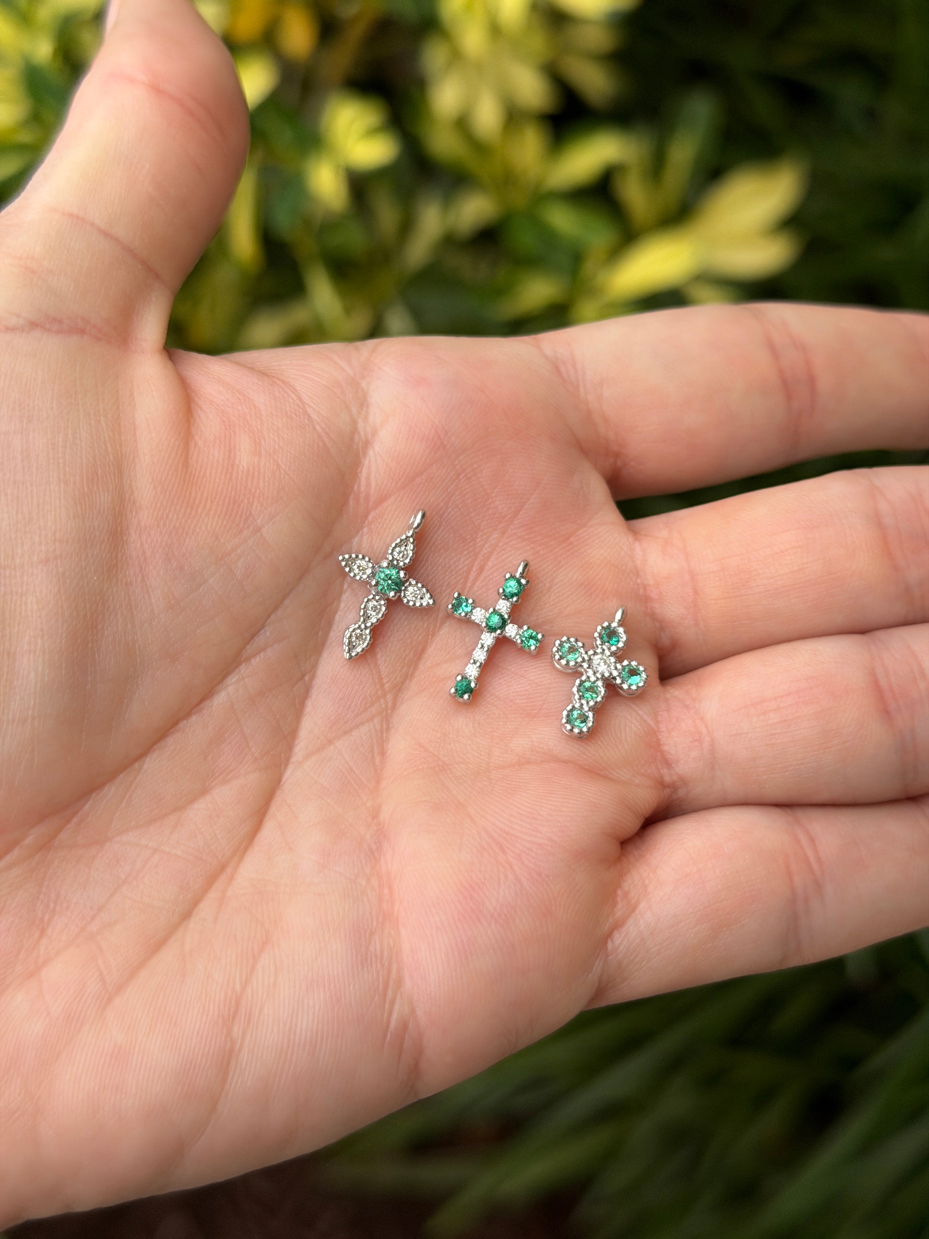 18K White Emerald & Diamond Petite Crosses