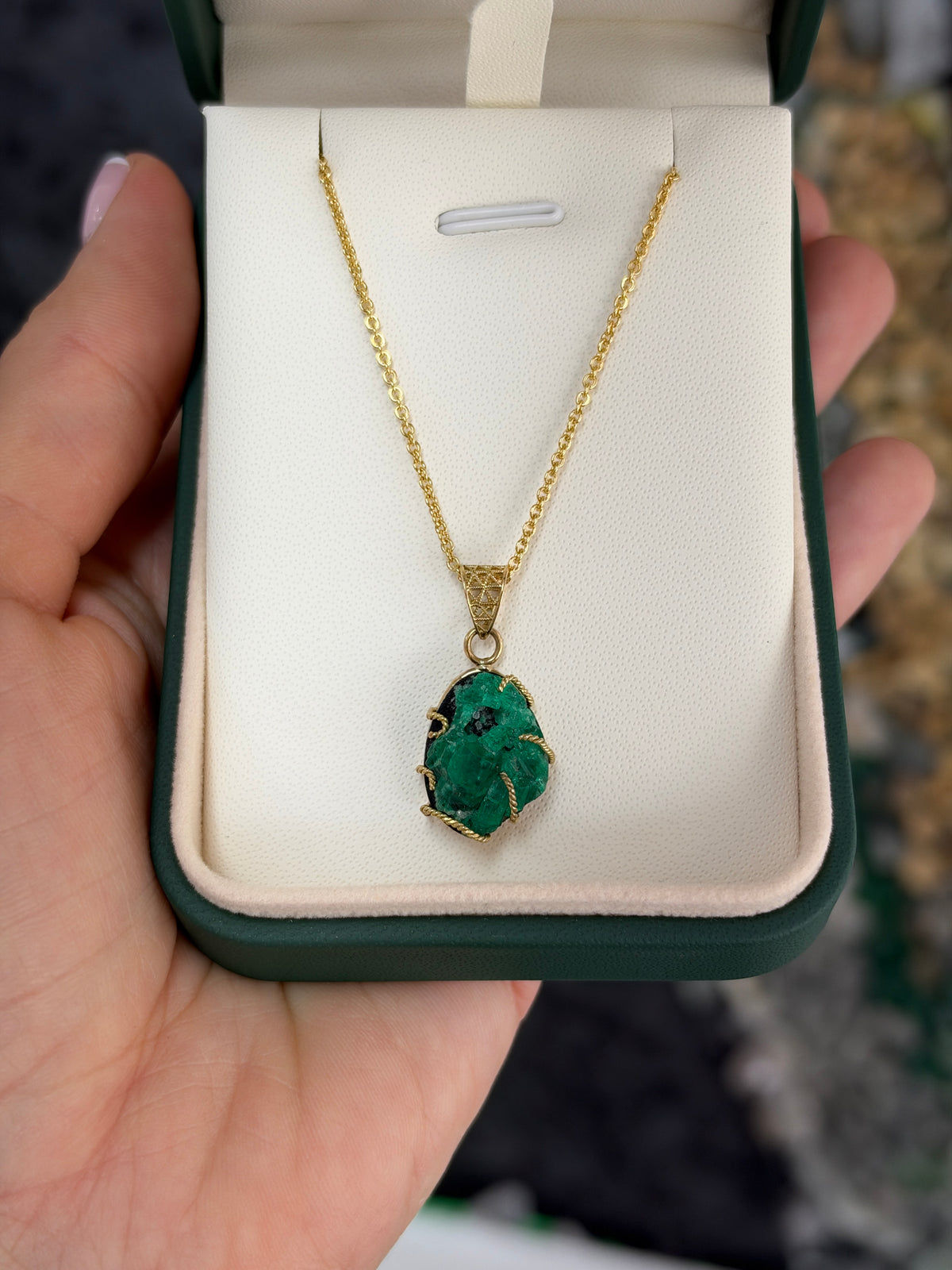 9.30ct 18K natural rough single-terminated Colombian emerald necklace by JR Colombian Emeralds