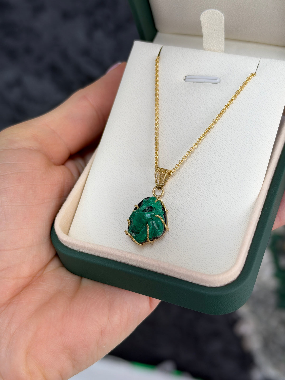 9.30ct 18K natural rough single-terminated Colombian emerald necklace by JR Colombian Emeralds