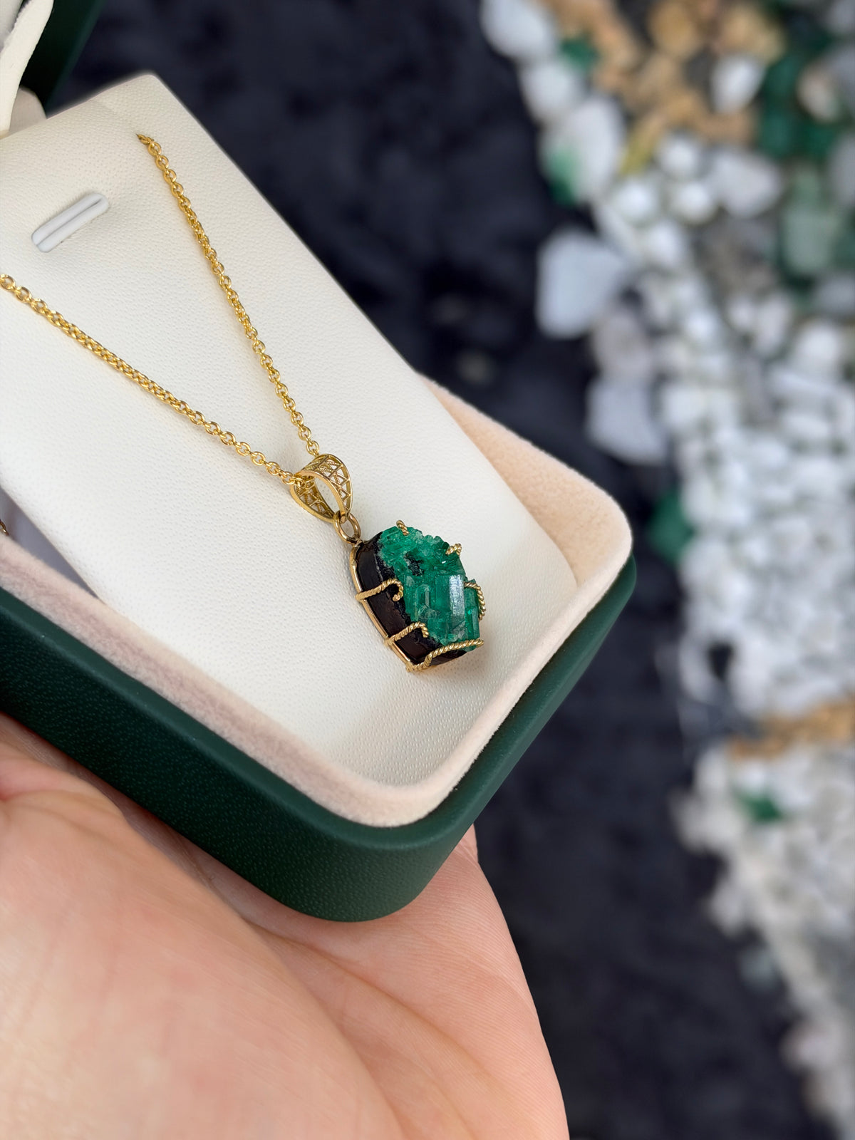 9.30ct 18K natural rough single-terminated Colombian emerald necklace by JR Colombian Emeralds