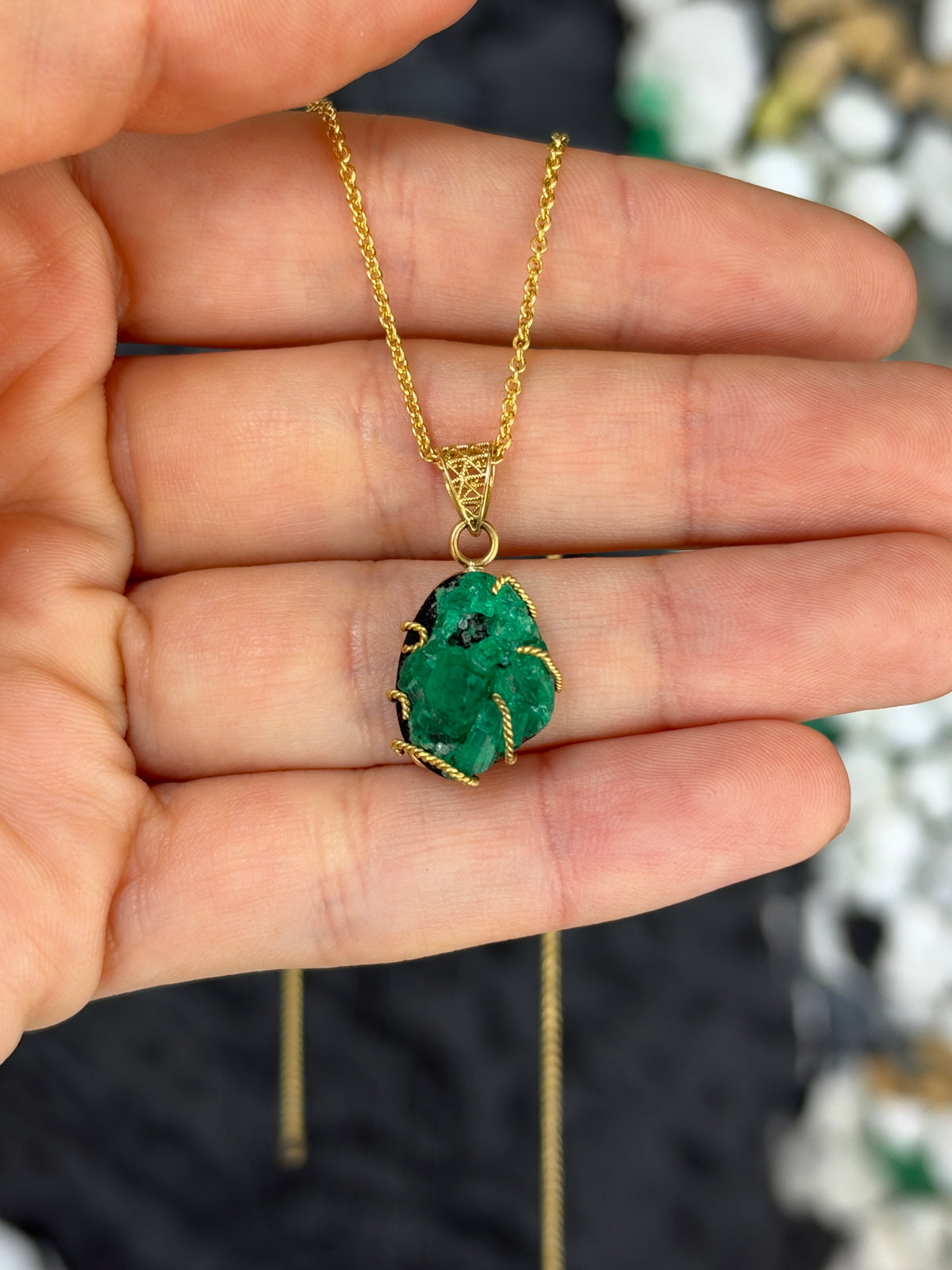 9.30ct 18K JR Colombian Emeralds natural rough single-terminated emerald necklace pendant