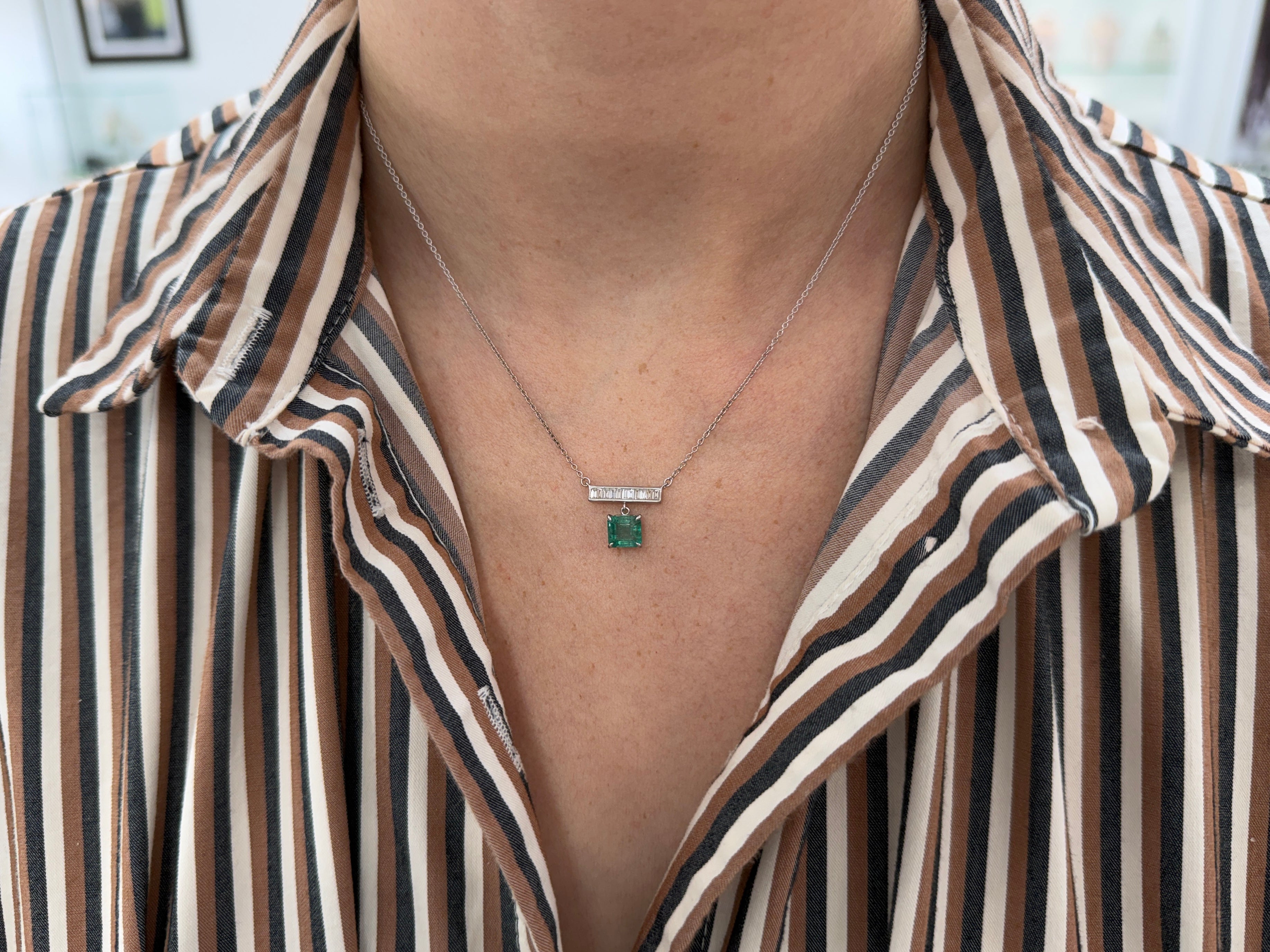 1.66tcw Diamond Baguette Bar & Emerald Dangle Necklace 14K White Gold