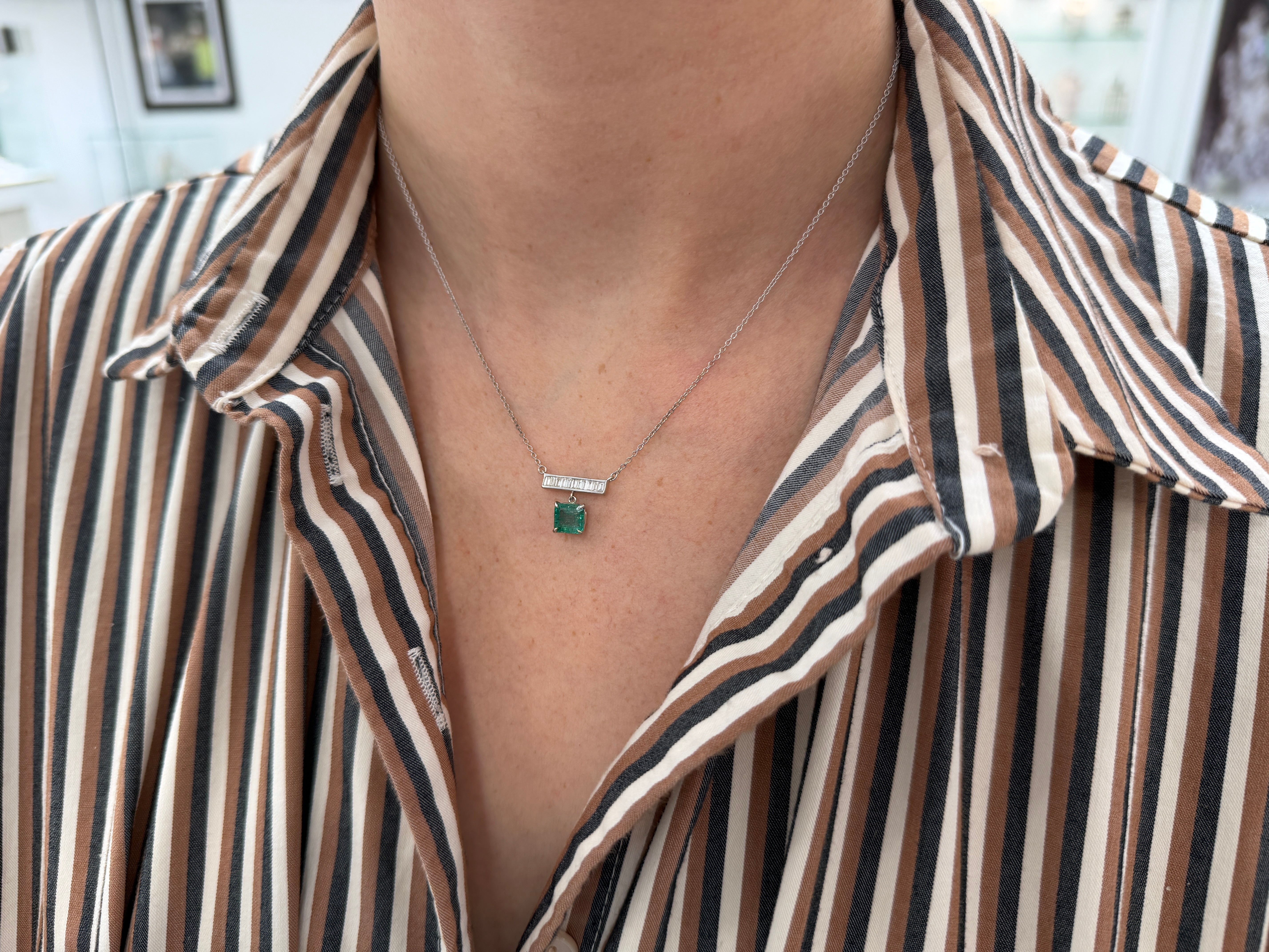 1.66tcw Diamond Baguette Bar & Emerald Dangle Necklace 14K White Gold