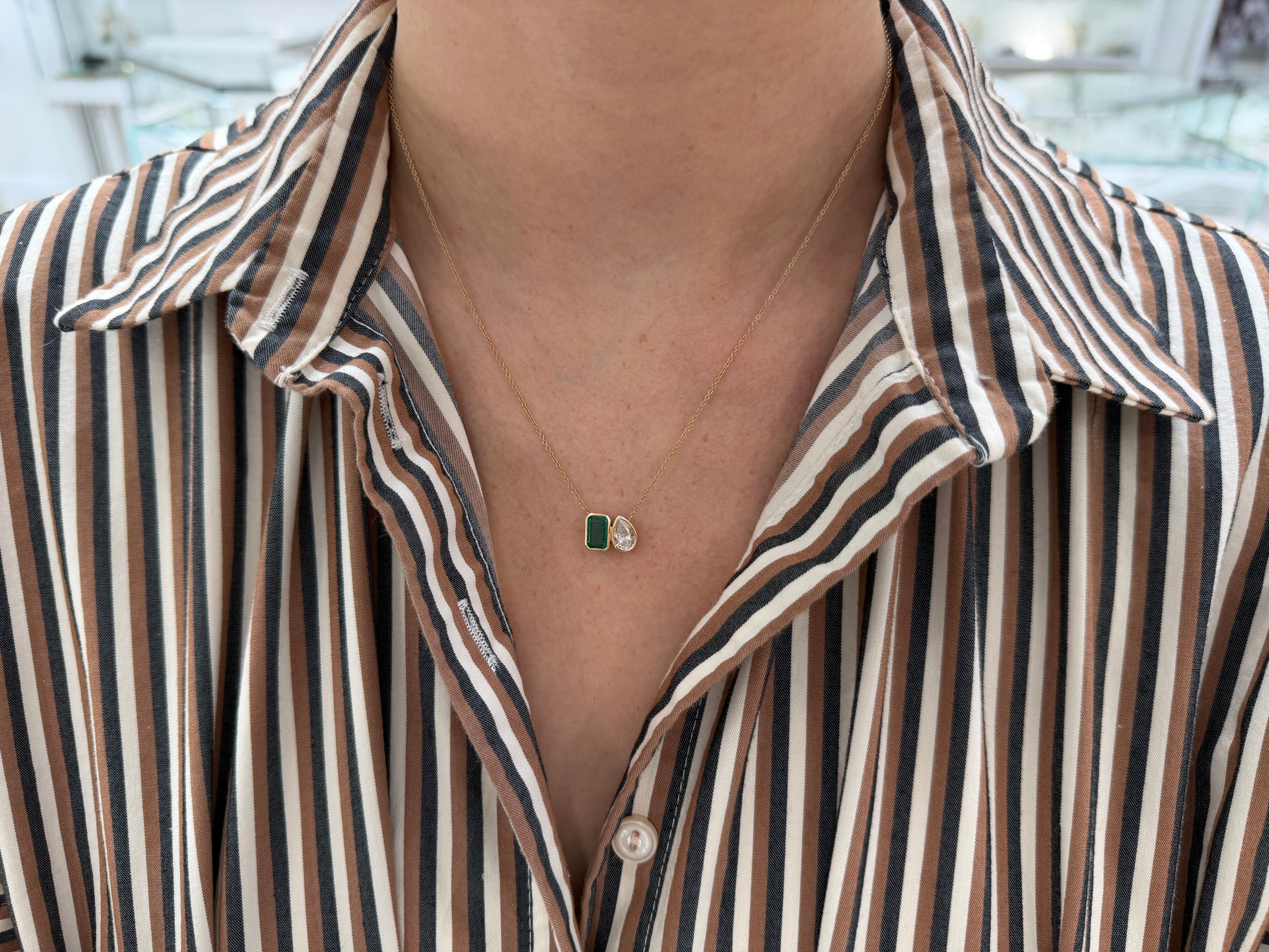 2.20tcw Emerald & Pear Moissanite Toi Et Moi 14K Gold Necklace