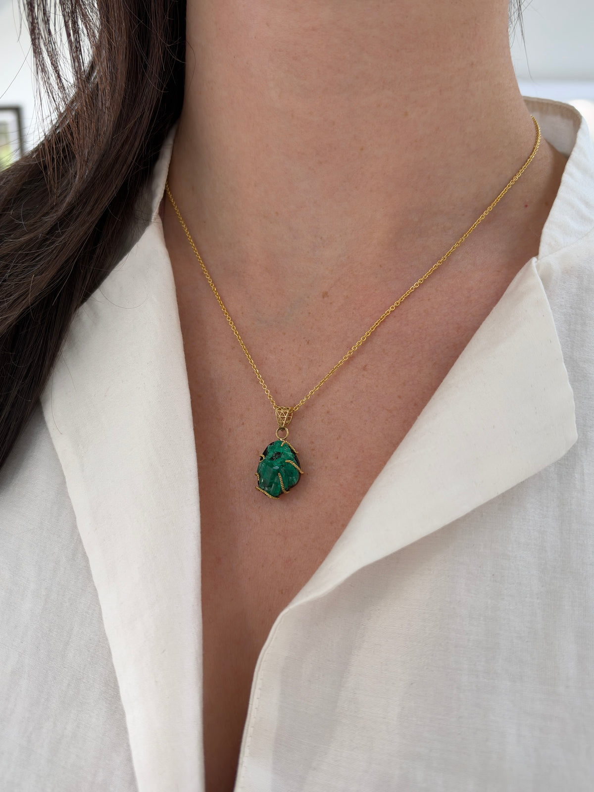 9.30ct 18K natural rough single-terminated Colombian emerald necklace by JR Colombian Emeralds