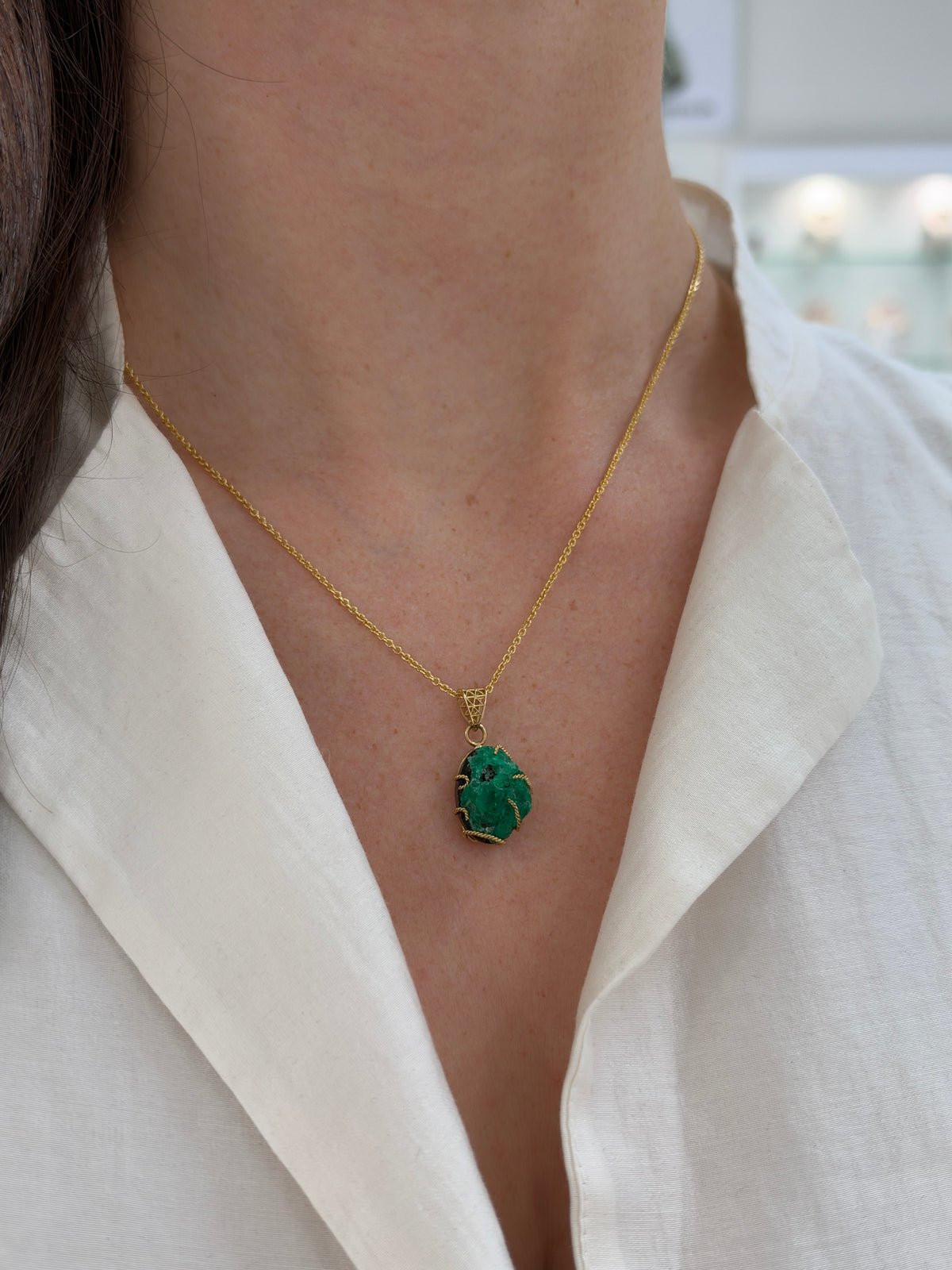 9.30ct natural rough single-terminated Colombian emerald necklace in 18K gold by JR Colombian Emeralds