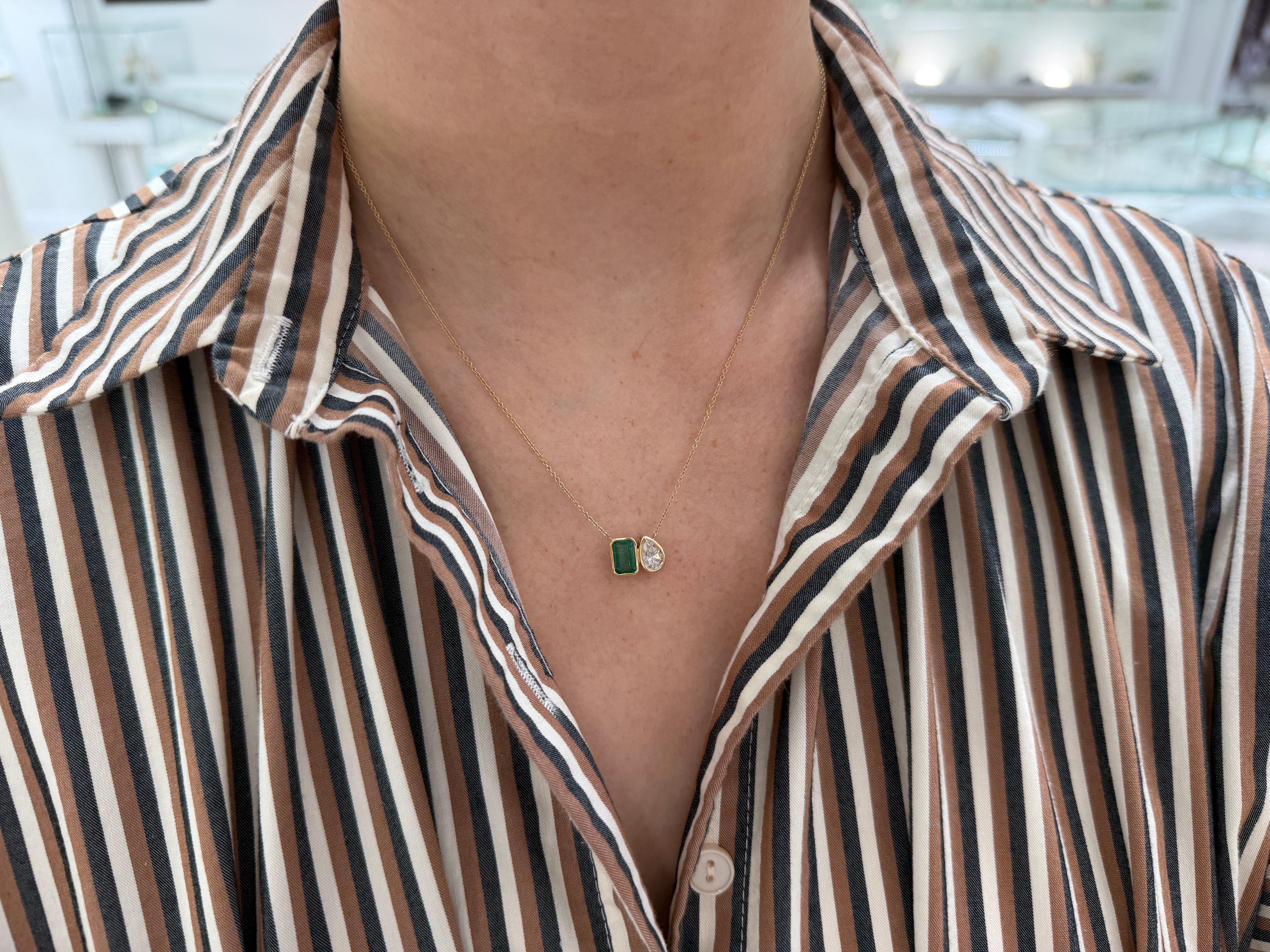 2.20tcw Emerald & Pear Moissanite Toi Et Moi 14K Gold Necklace