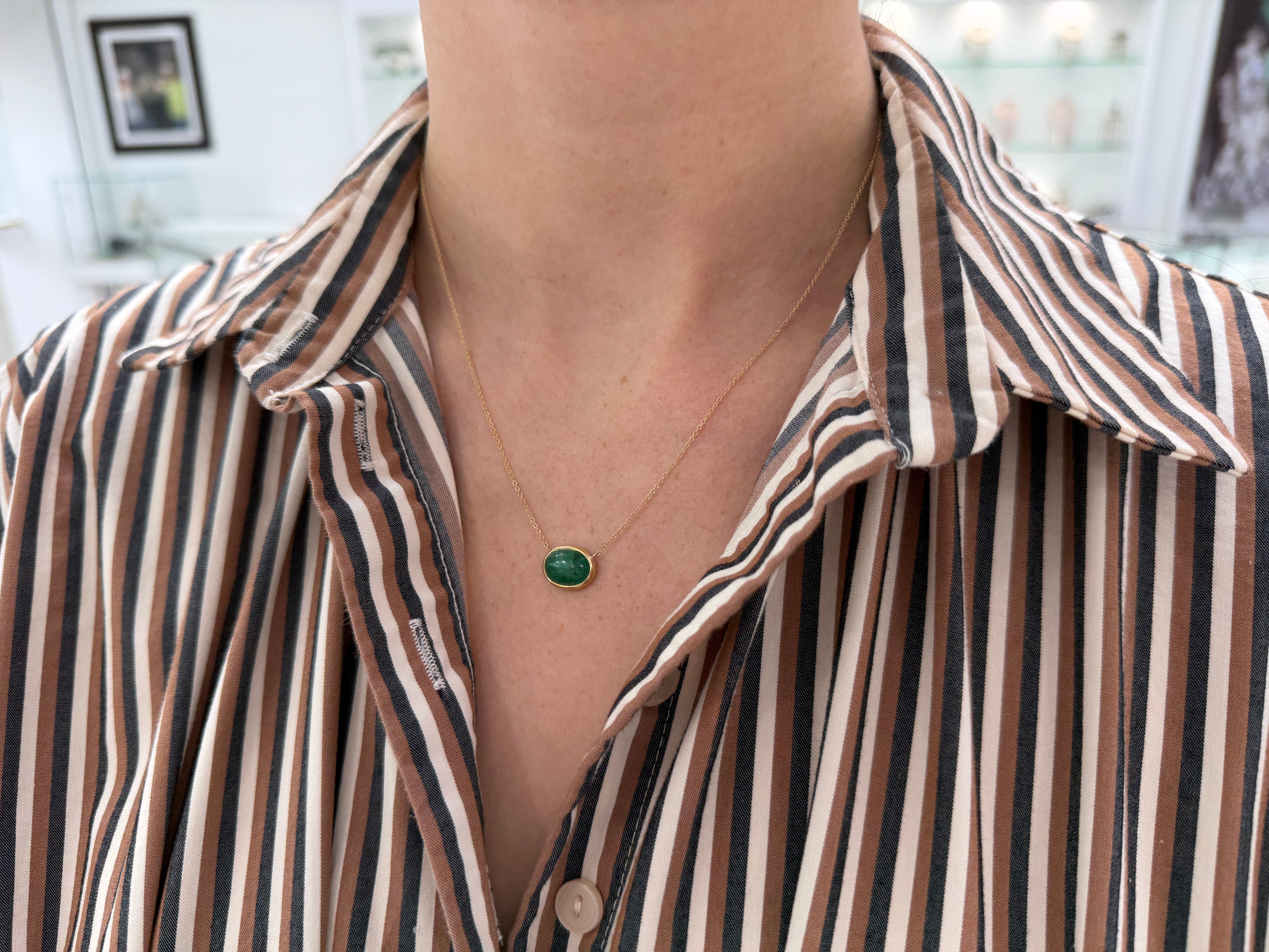 4.54 Carat East to West Emerald Cabochon Bezel Necklace 14K