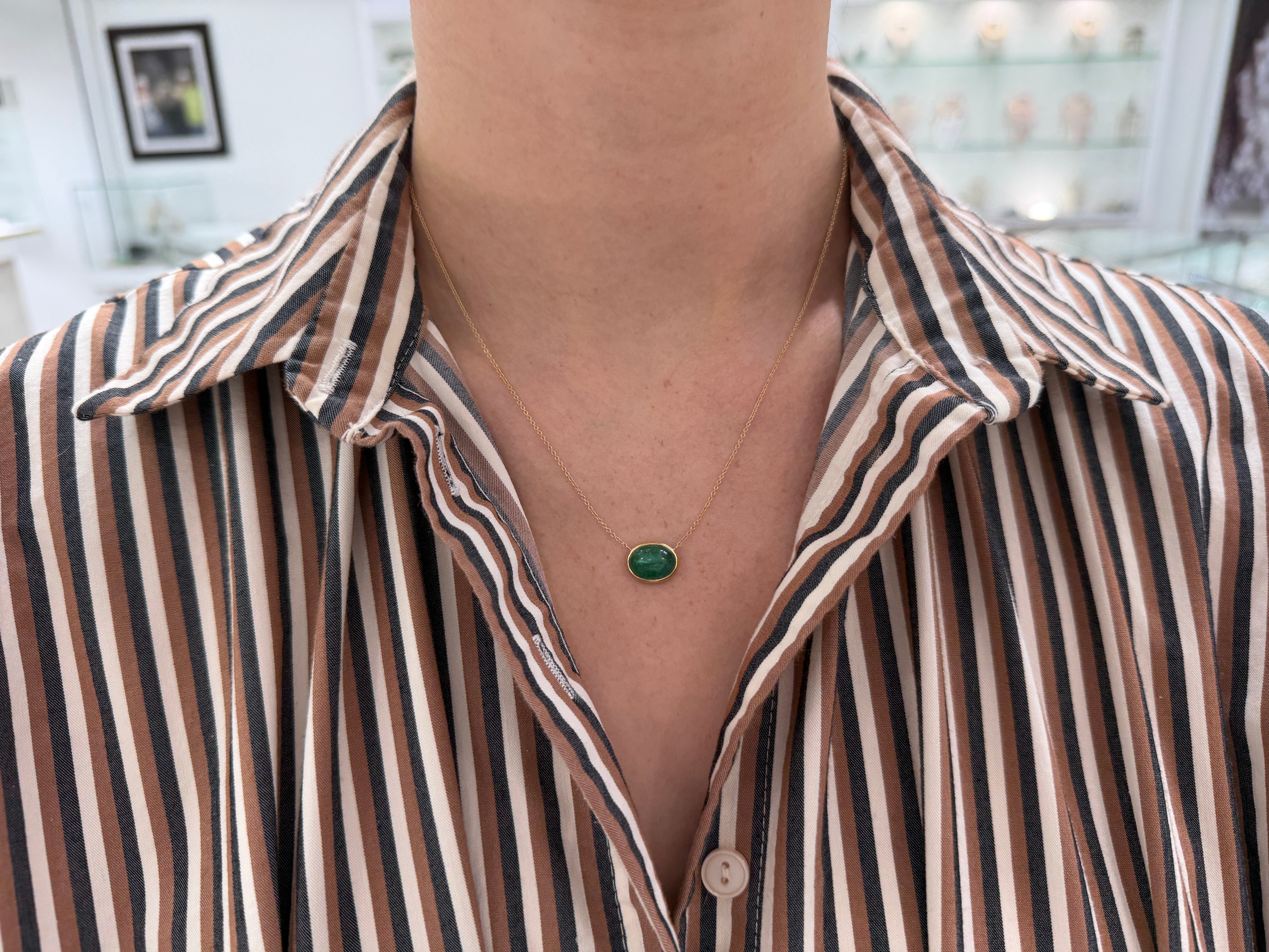 4.54 Carat East to West Emerald Cabochon Bezel Necklace 14K